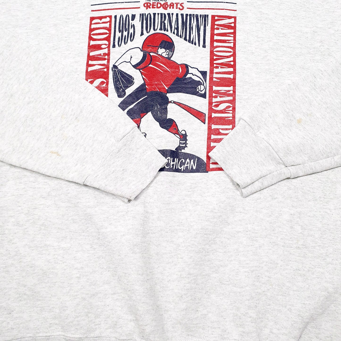 Mens Grey Fruit Of The Loom Vintage 90s Made In USA 1995 Midland Redcoats Baseball Crewneck Jumper