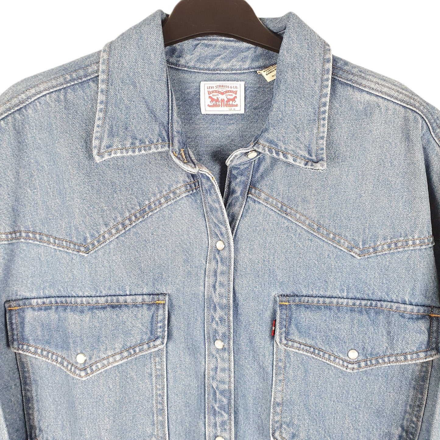 Mens Blue Levis Denim Jeans Western Pearl Snap Cowboy Overshirt Shacket Long Sleeve Shirt