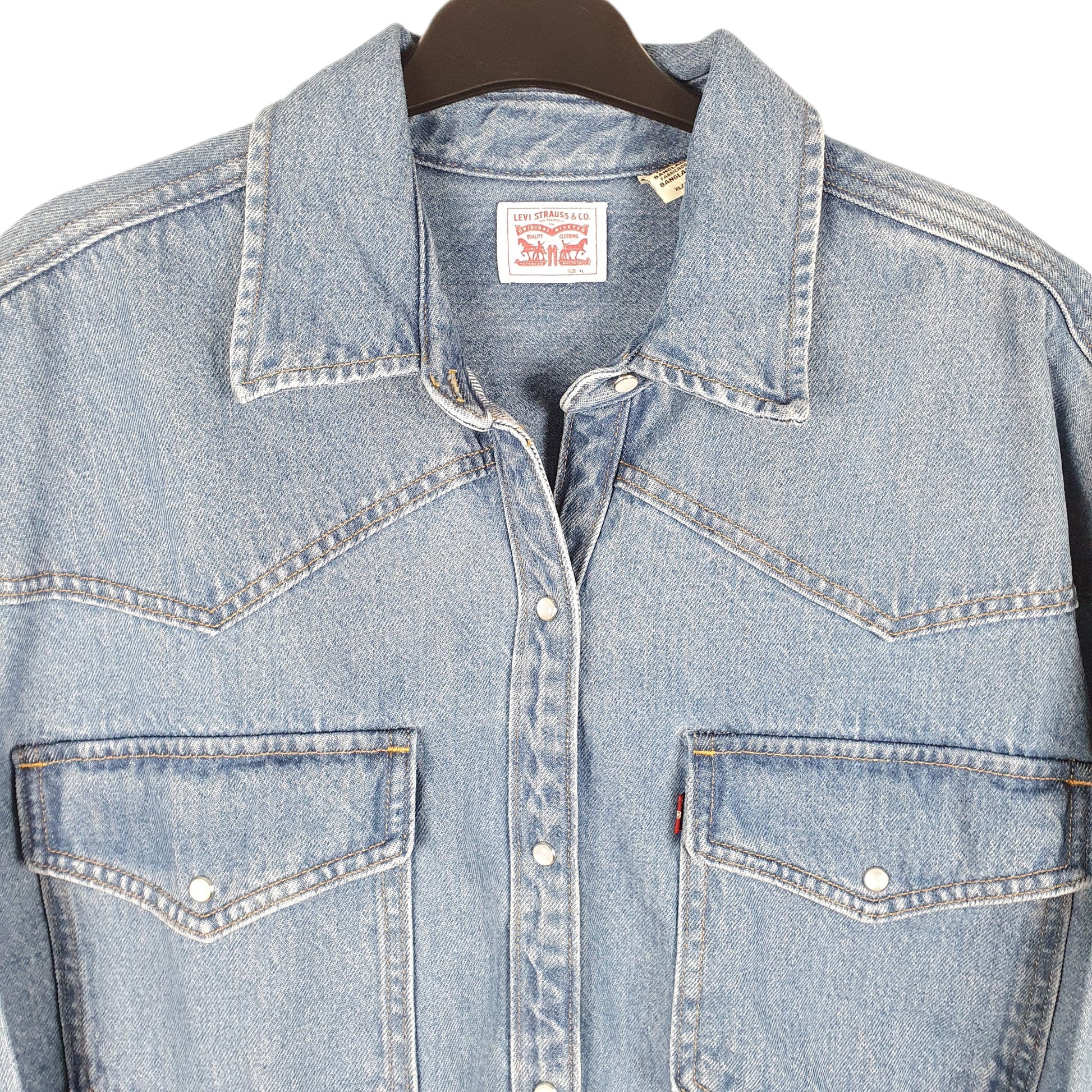 Mens Blue Levis Denim Jeans Western Pearl Snap Cowboy Overshirt Shacket Long Sleeve Shirt