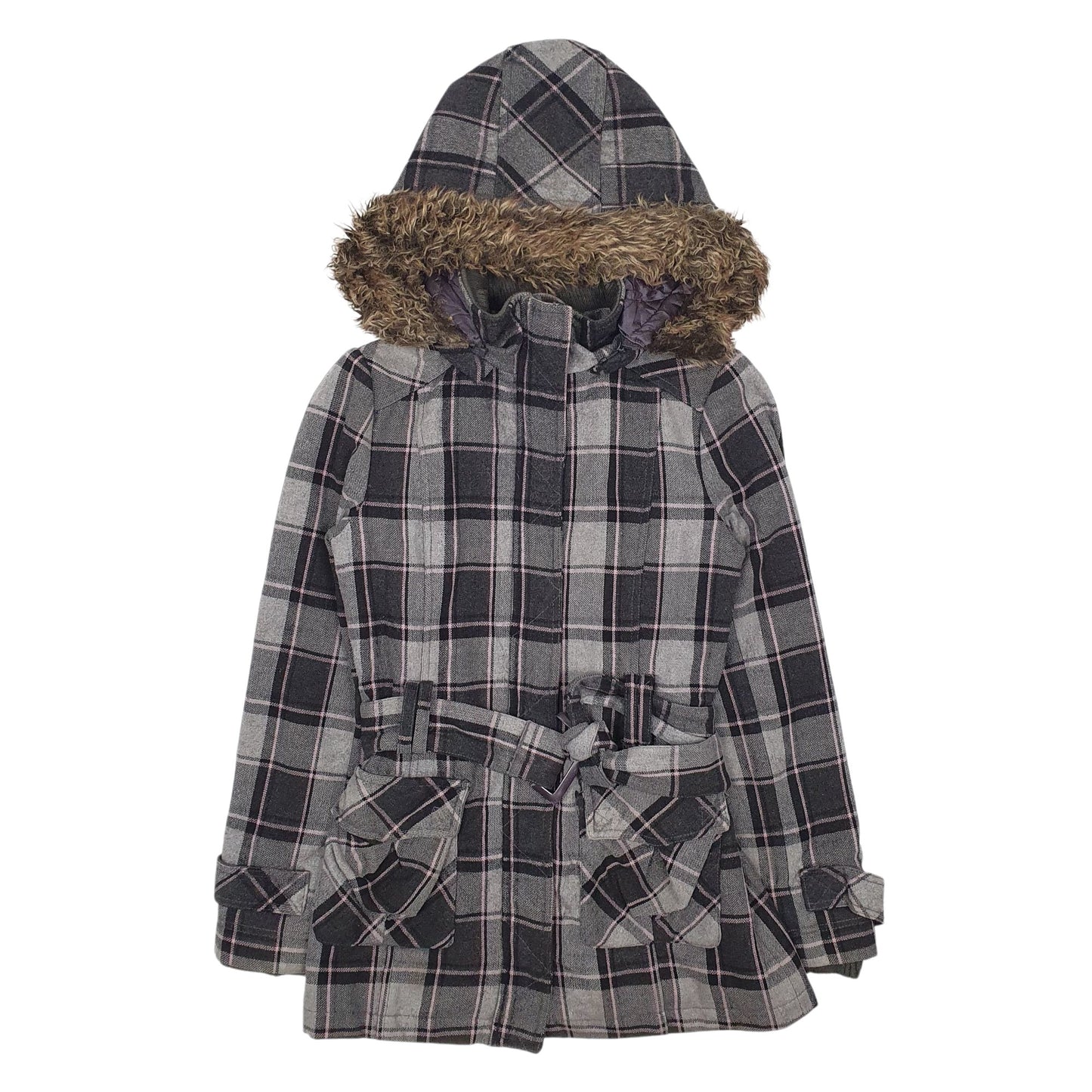 Womens Grey Eclipse Plaid Belted  Coat