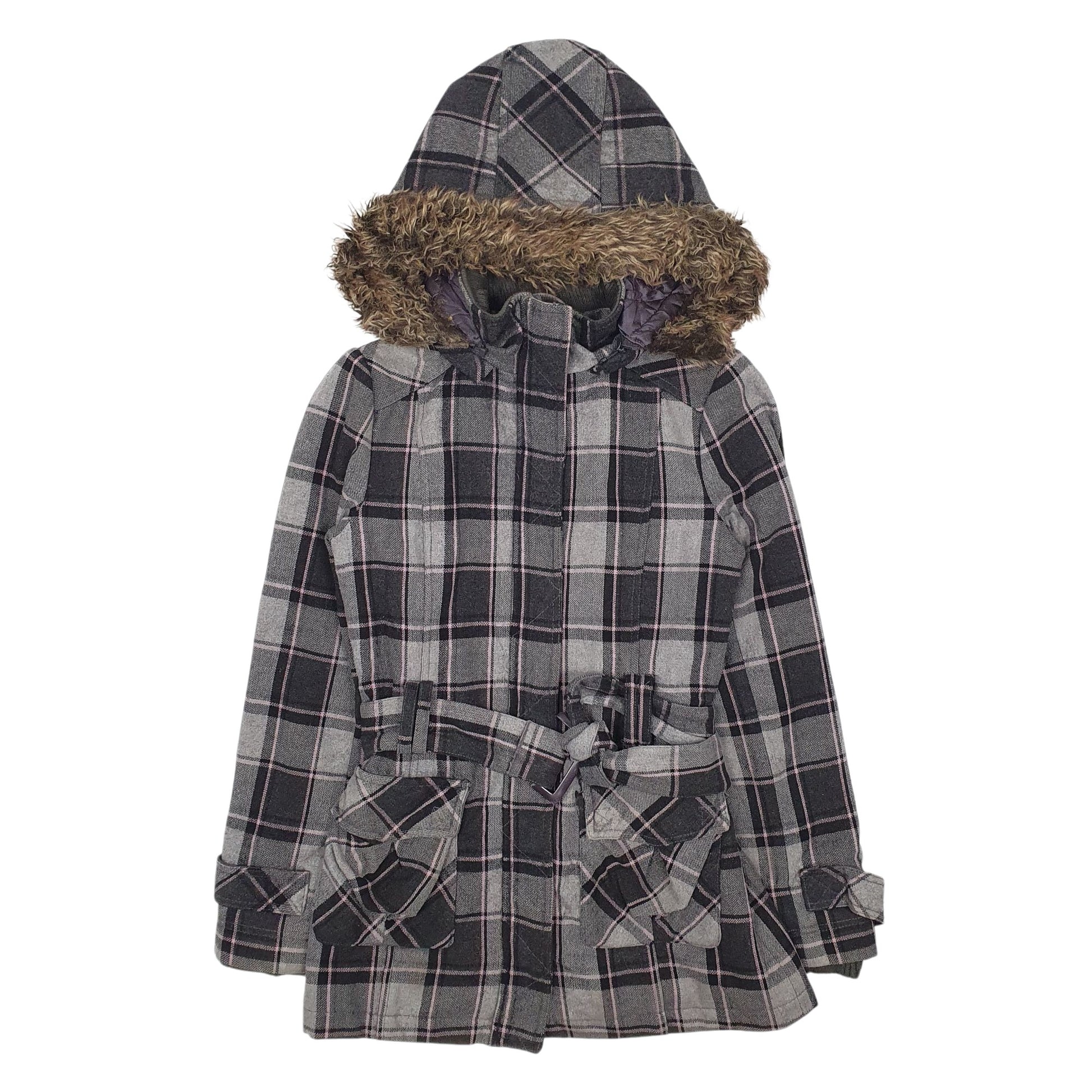Womens Grey Eclipse Plaid Belted  Coat