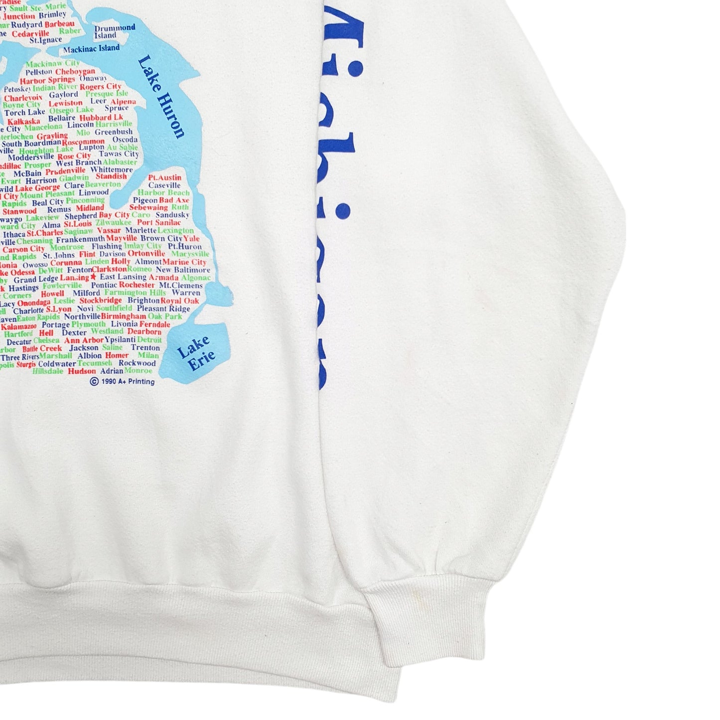 Mens White Jerzees Michigan Lakes Spellout Vintage 1990s Made in USA Crewneck Jumper