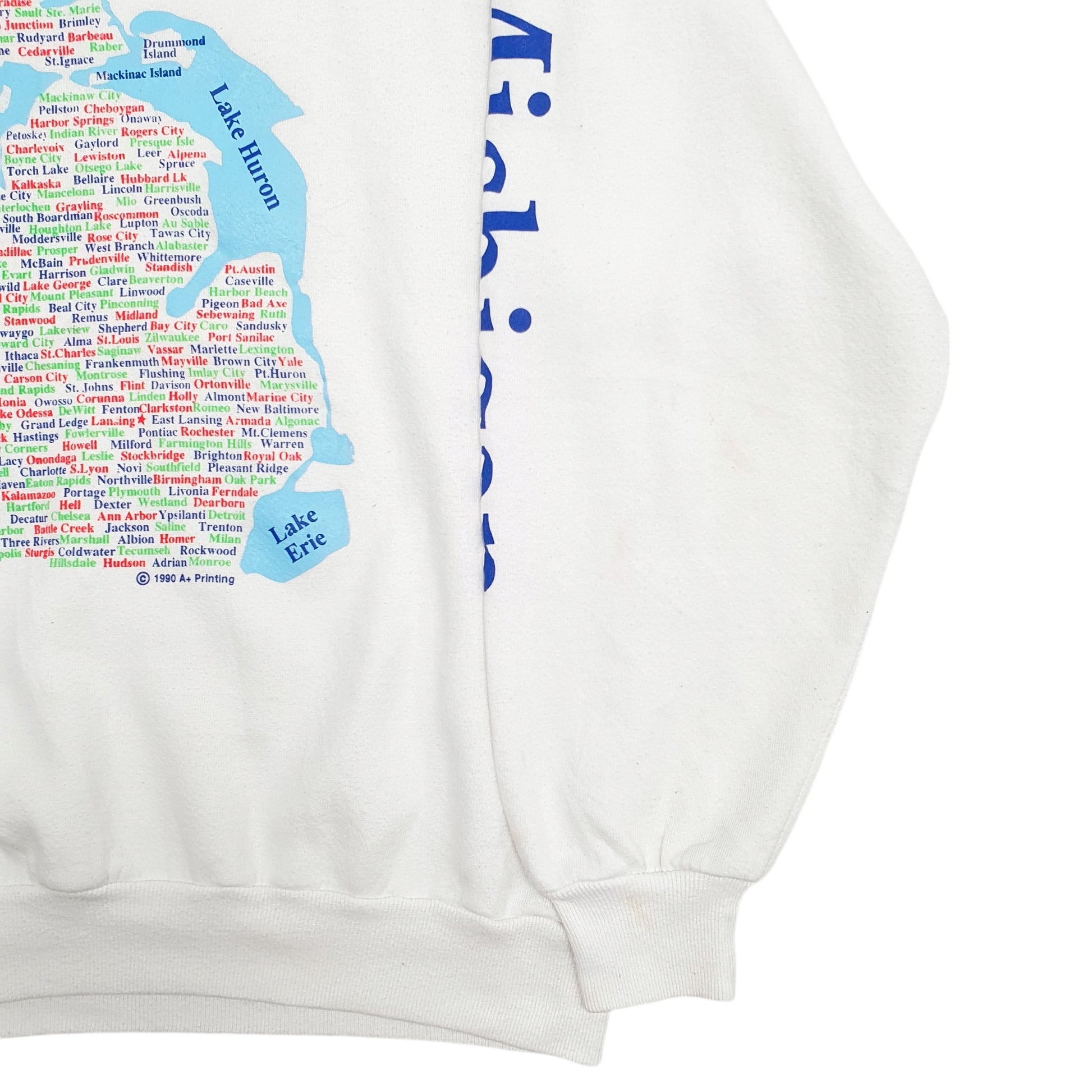 Mens White Jerzees Michigan Lakes Spellout Vintage 1990s Made in USA Crewneck Jumper