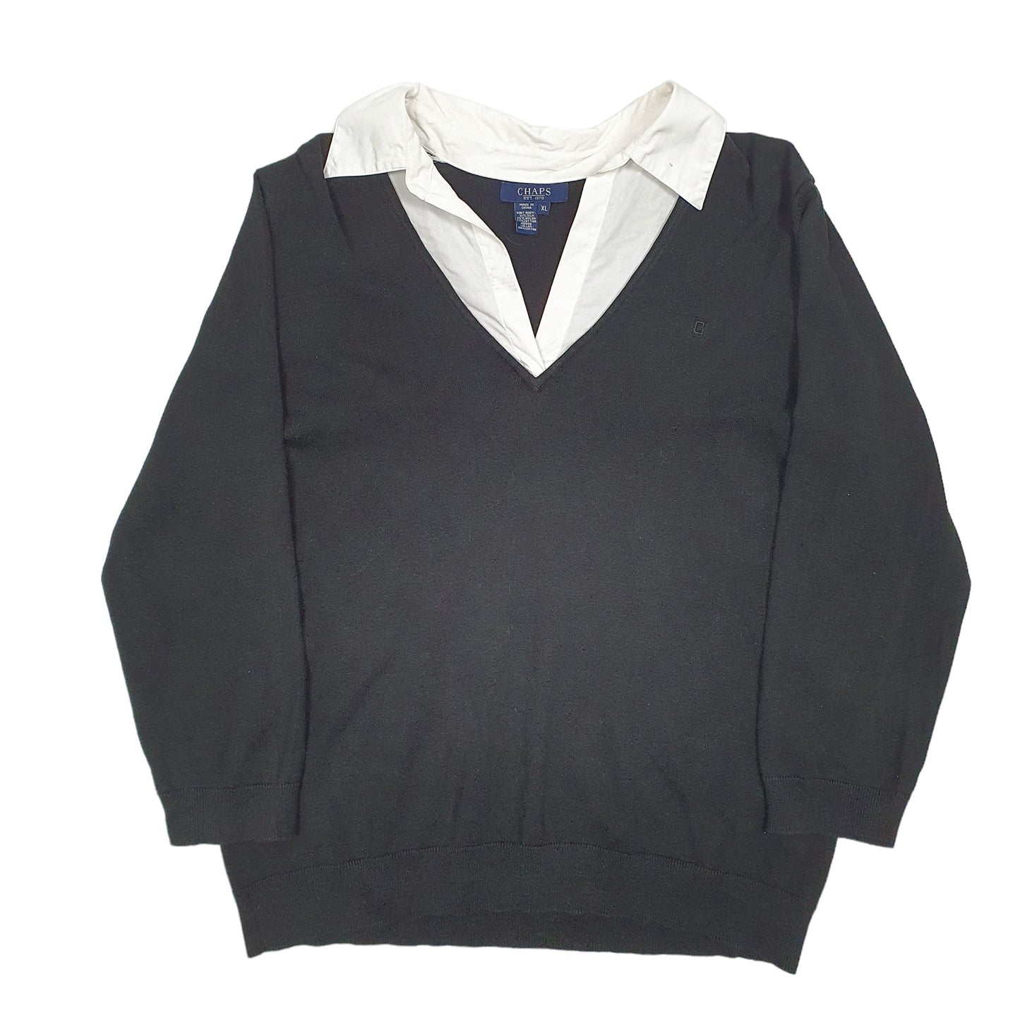 Womens Black Chaps Knit Collared V Neck Jumper