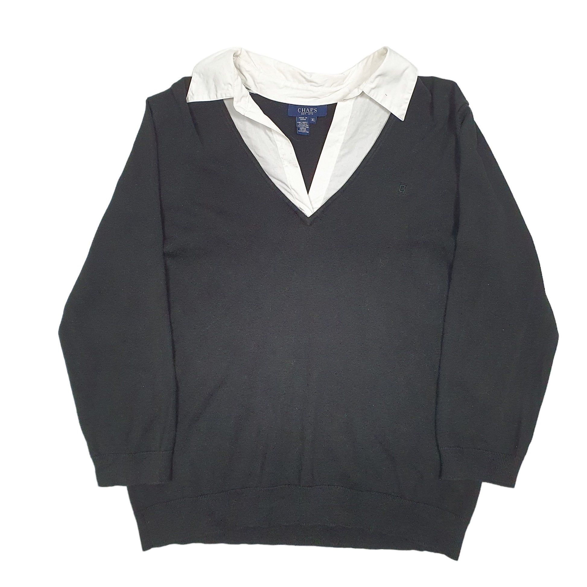 Womens Black Chaps Knit Collared V Neck Jumper