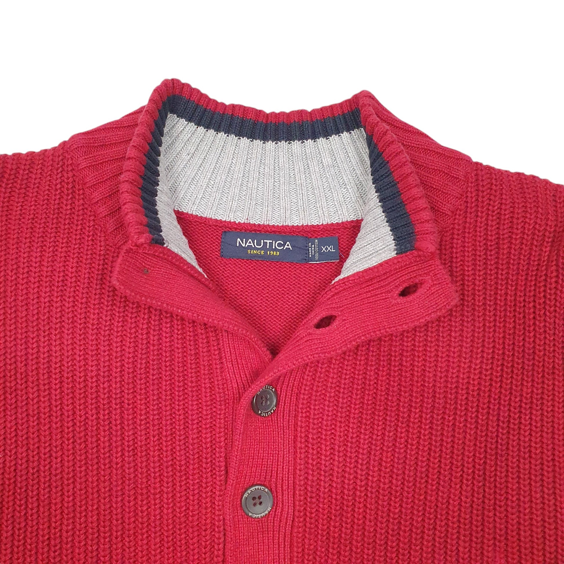 Mens Red Nautica Knit Button Quarter Zip Jumper