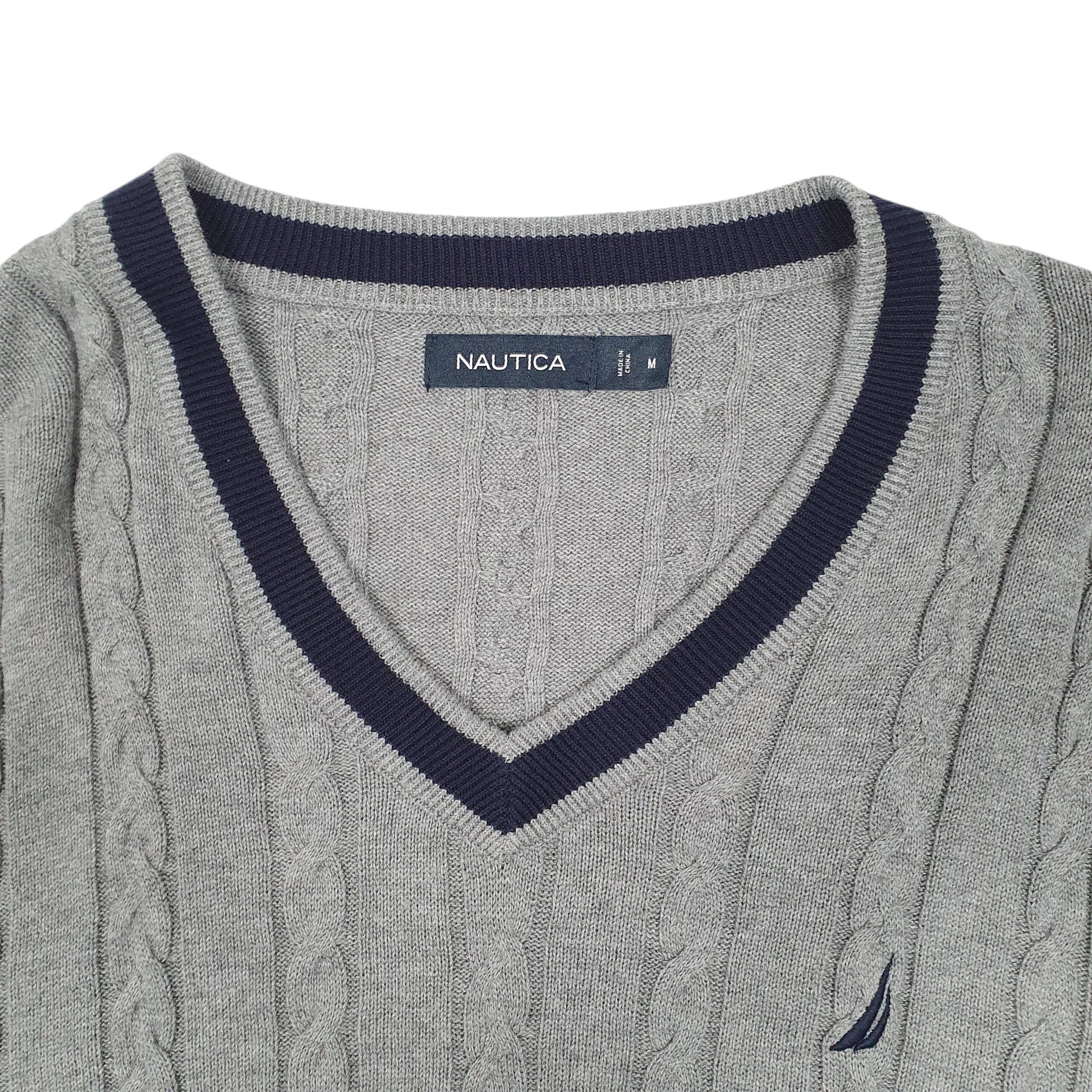 Mens Grey Nautica Knit Cable V neck Jumper