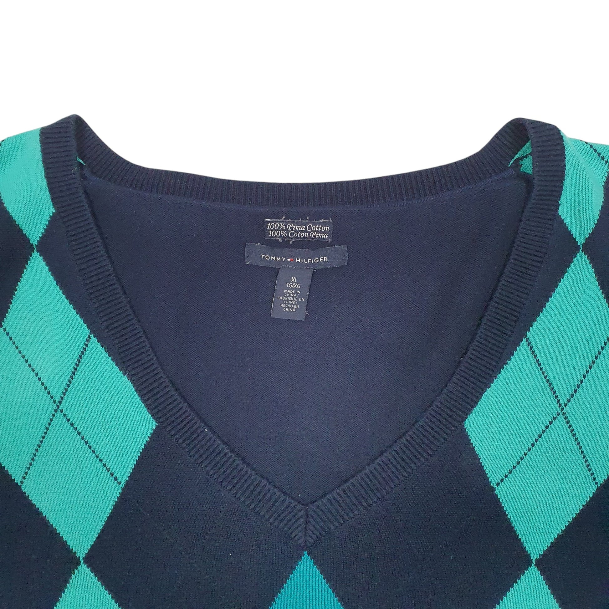 Womens Navy Tommy Hilfiger Argyle Knit Pima V Neck Jumper