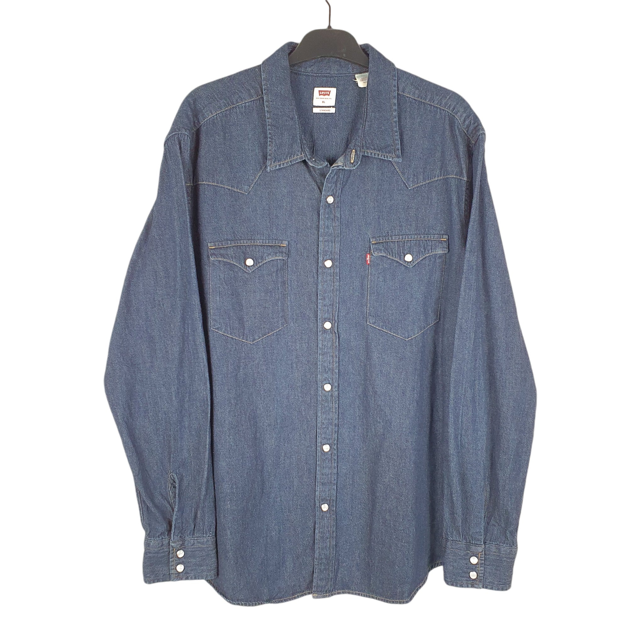 LEVI'S store INDIGO Button Down Western Shirt Pearl Snap Made in Portugal Distressed M