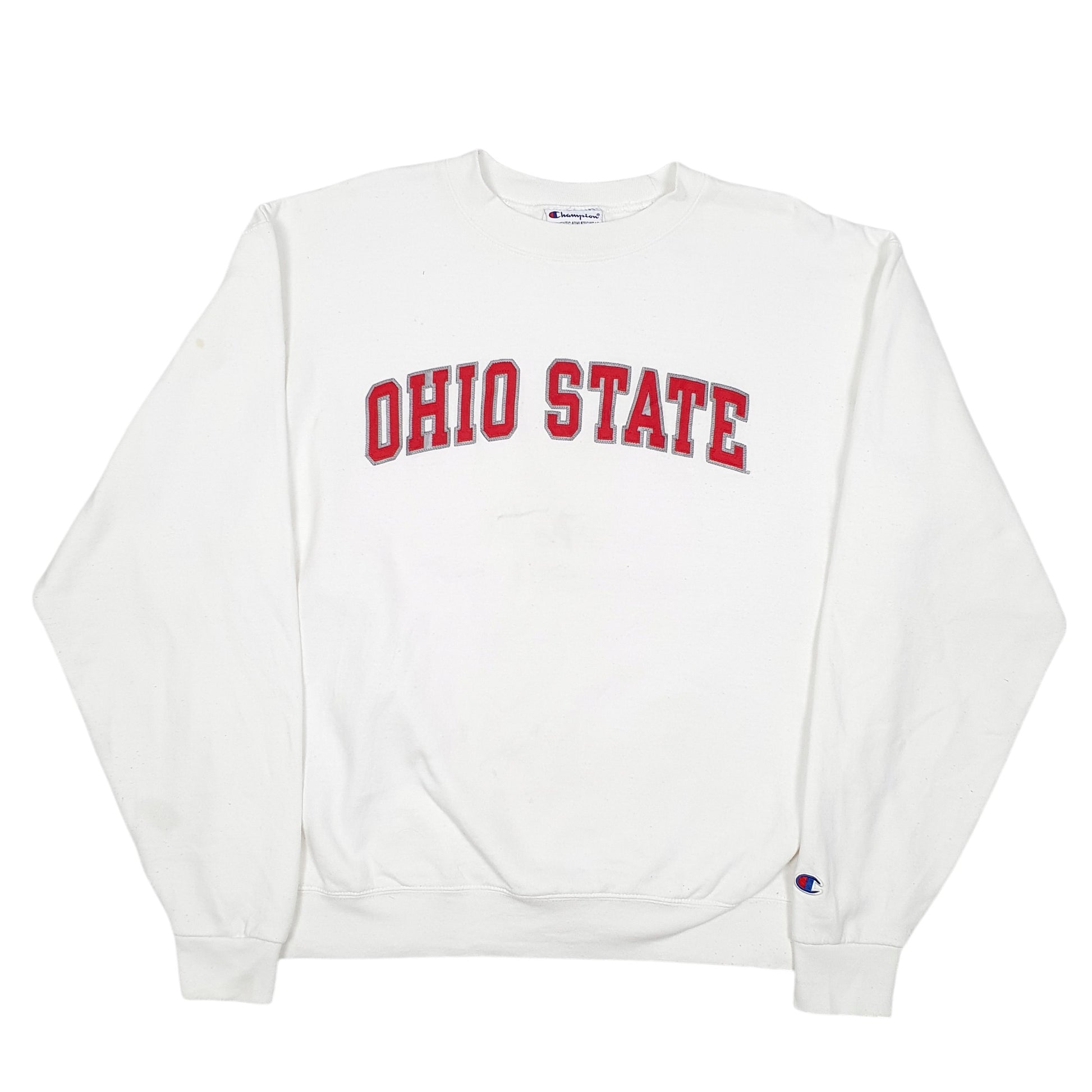 Mens Champion White Crewneck Ohio State College USA Spellout