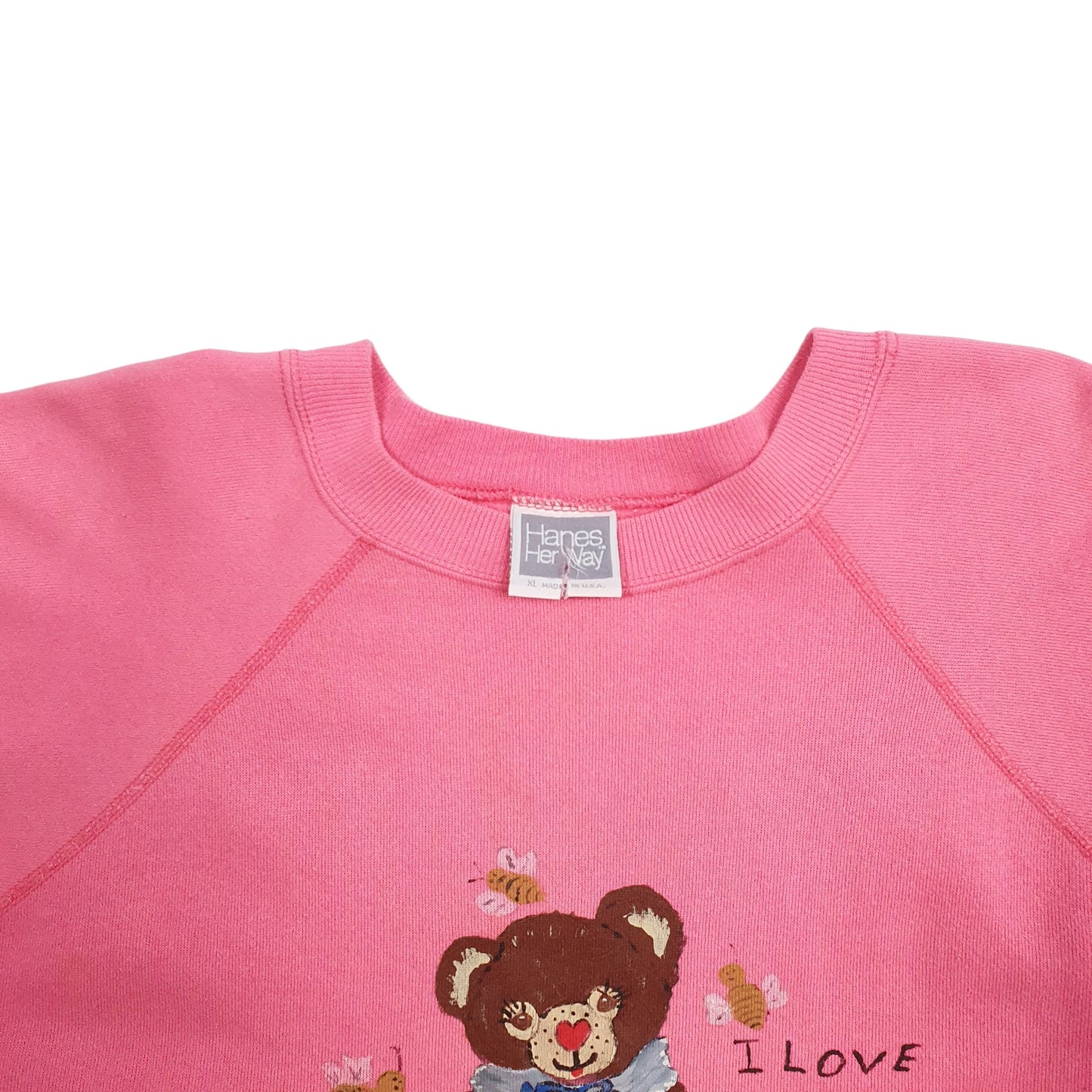 Mens Pink Hanes I Love Honey Bear Made In USA Crewneck Jumper