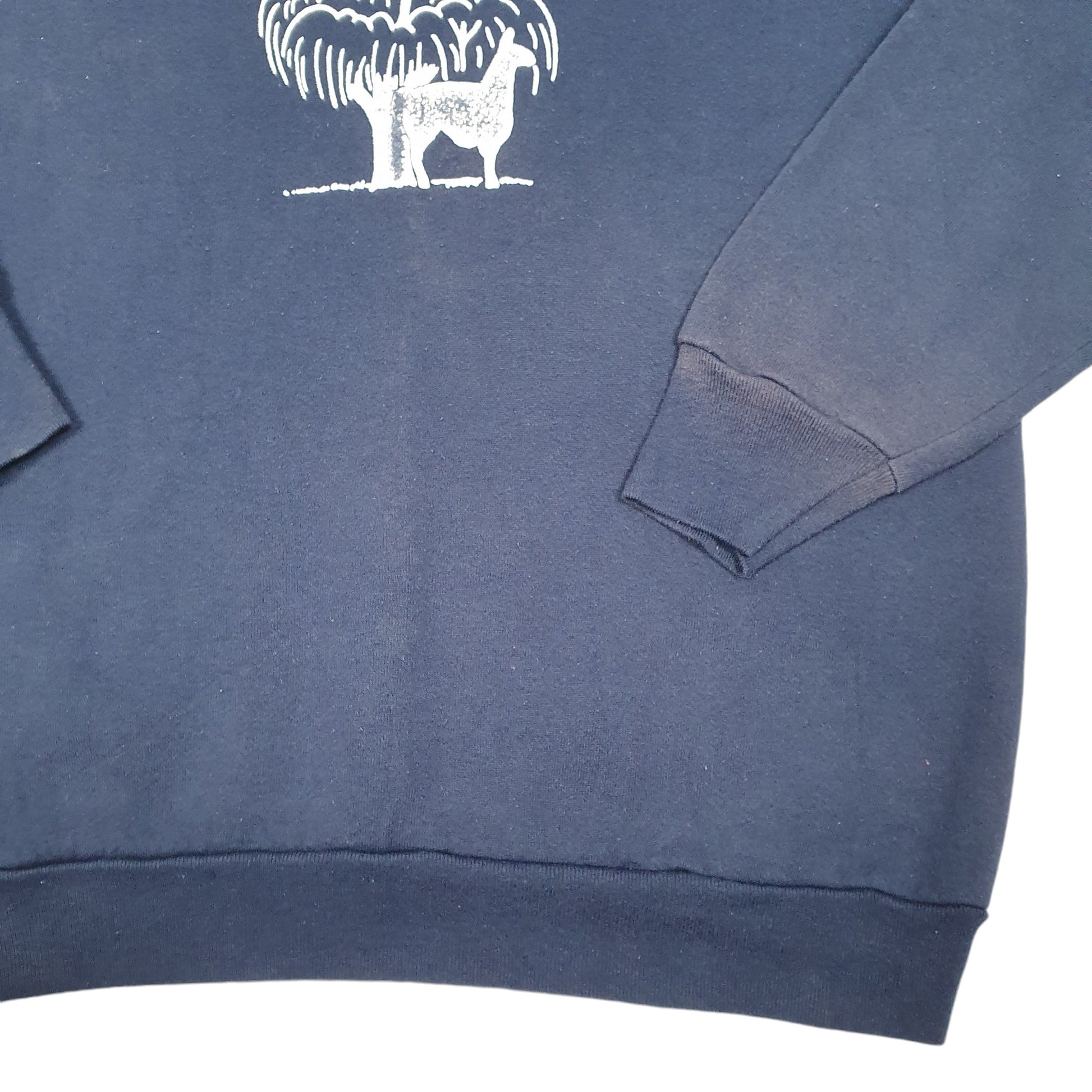 Mens Navy Fruit Of The Loom Vintage 80s 90s Willow Circle Llamas Made In USA Raglan Crewneck Jumper