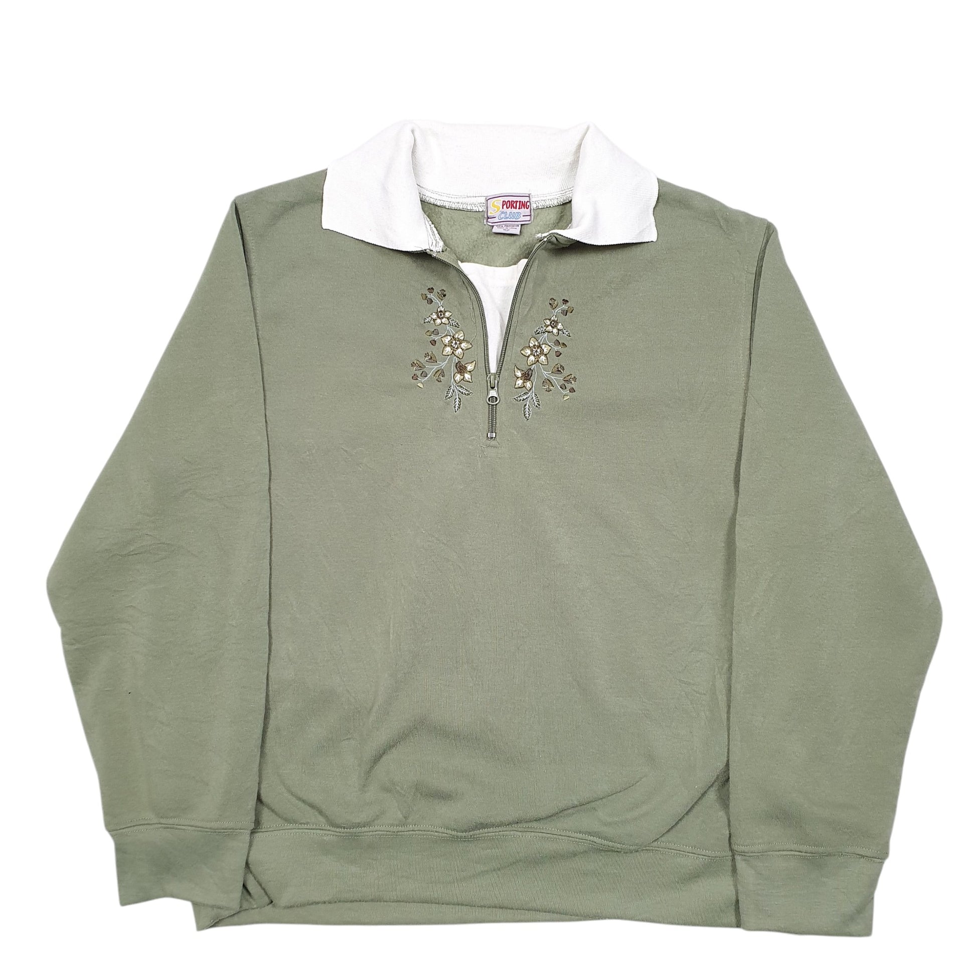 Womens Green Sporting Club Vintage Flowers Floral Quarter Zip Jumper