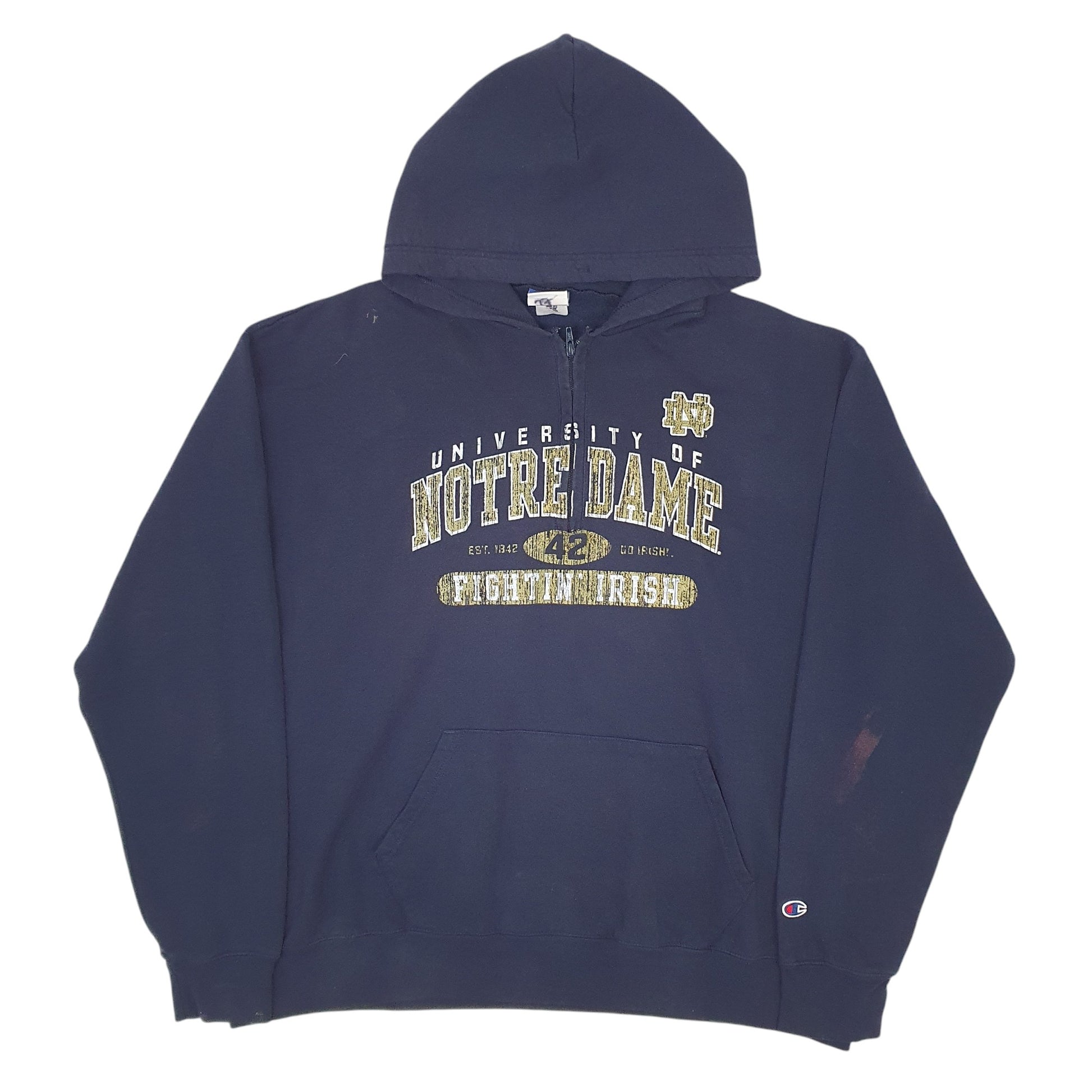 Mens Navy Champion Quarter Zip University Of Notre Dame Hoodie Jumper