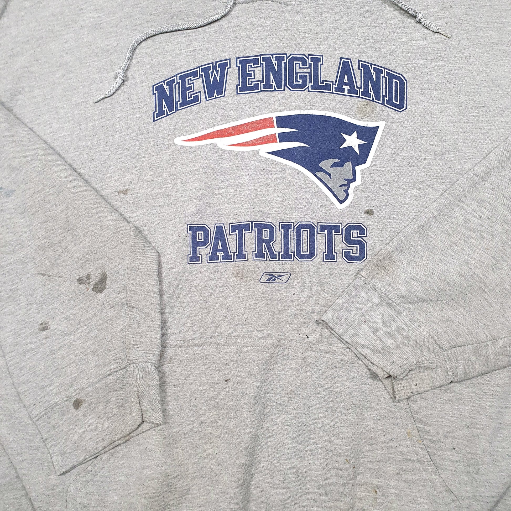 Mens Grey Reebok New England Patriots NFL Football USA Spellout Hoodie Jumper