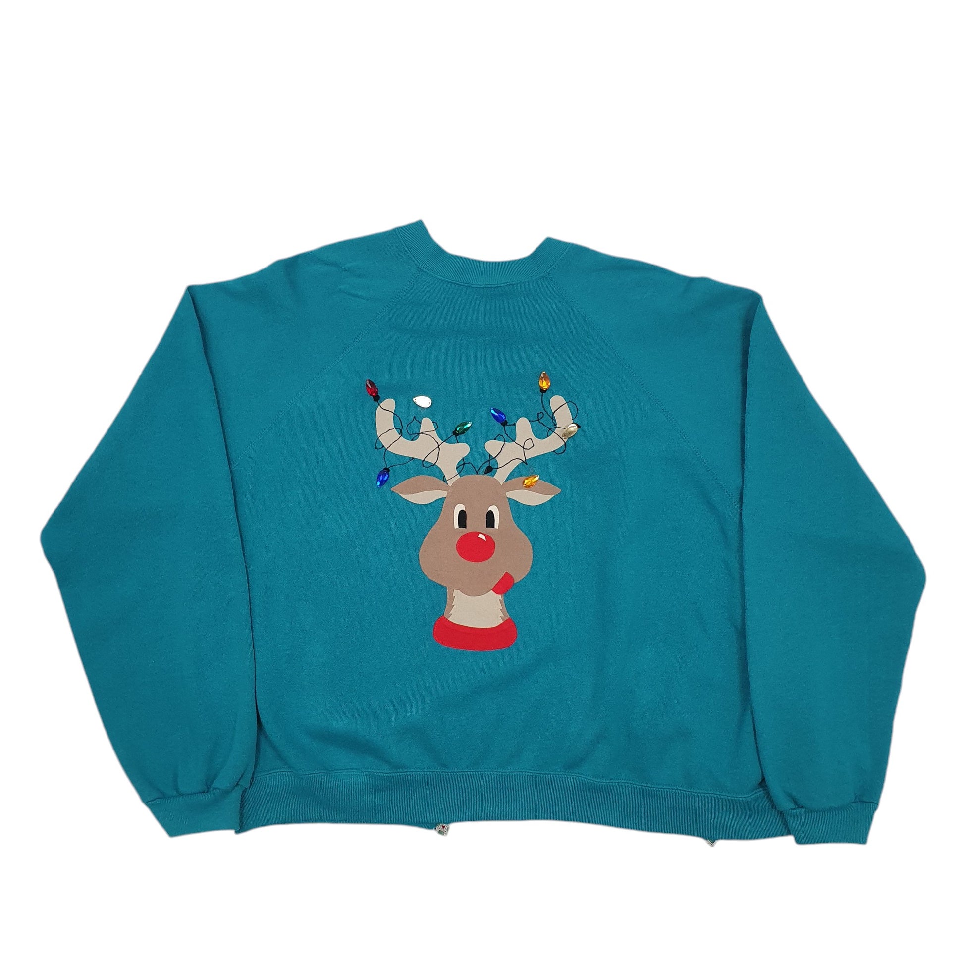 Womens Teal Tultex Vintage 1990s Made in USA Christmas Rudolph Cardigan Jumper