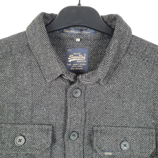 Mens Grey Supedry Herringbone Overshirt Shacket Tweed Long Sleeve Shirt