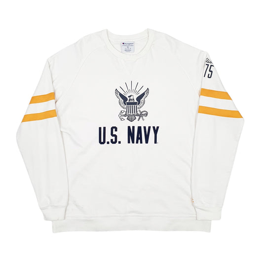 Mens White Champion US Navy Spellout Crewneck Jumper