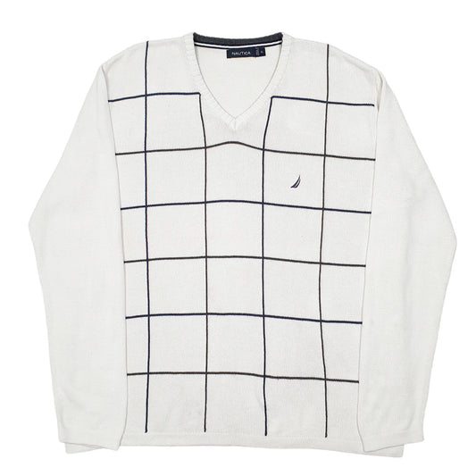 Mens White Nautica Knit Grid V neck Jumper