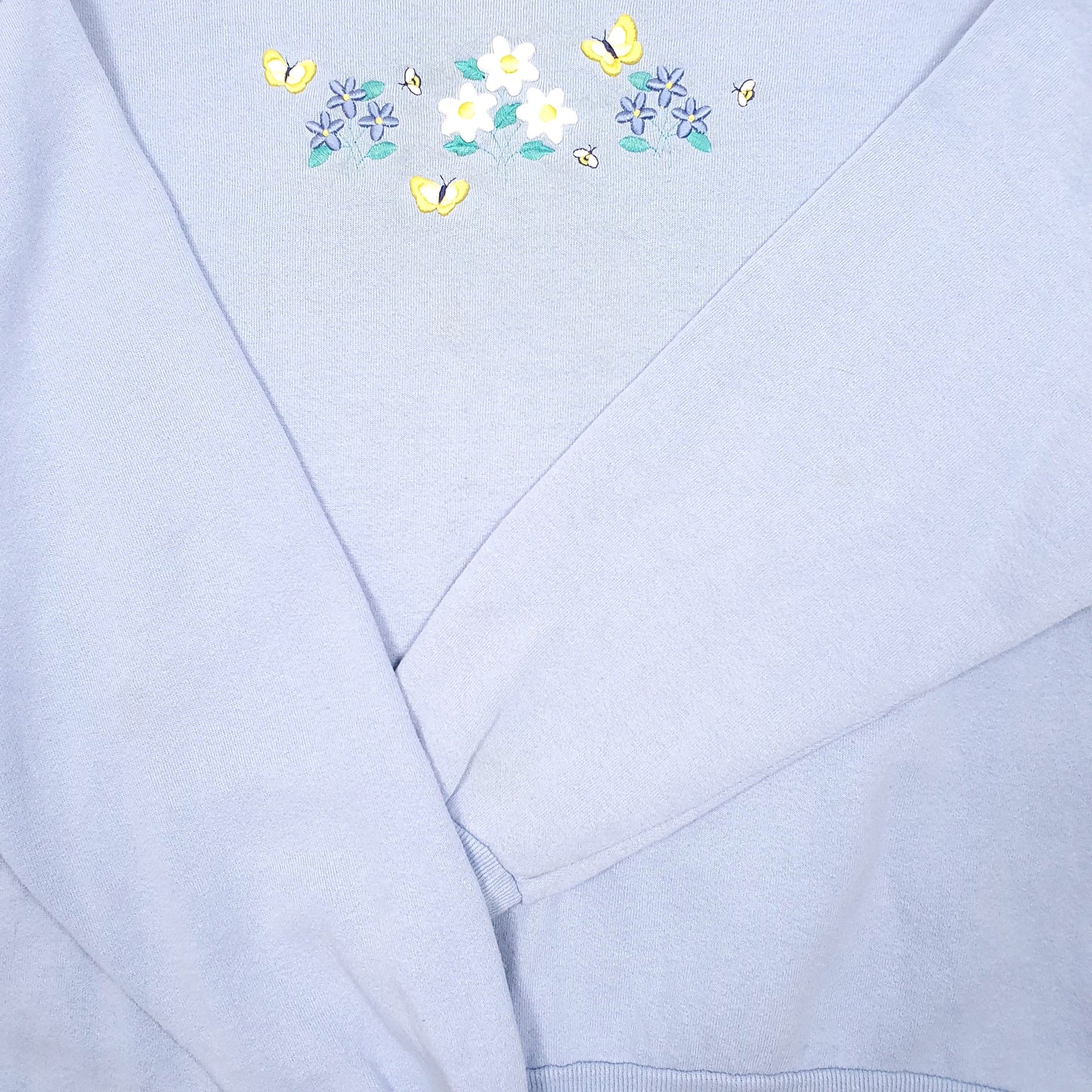 Womens Blue Top Stitch Vintage Made In USA Flowers Bees Morning Sun Crewneck Jumper
