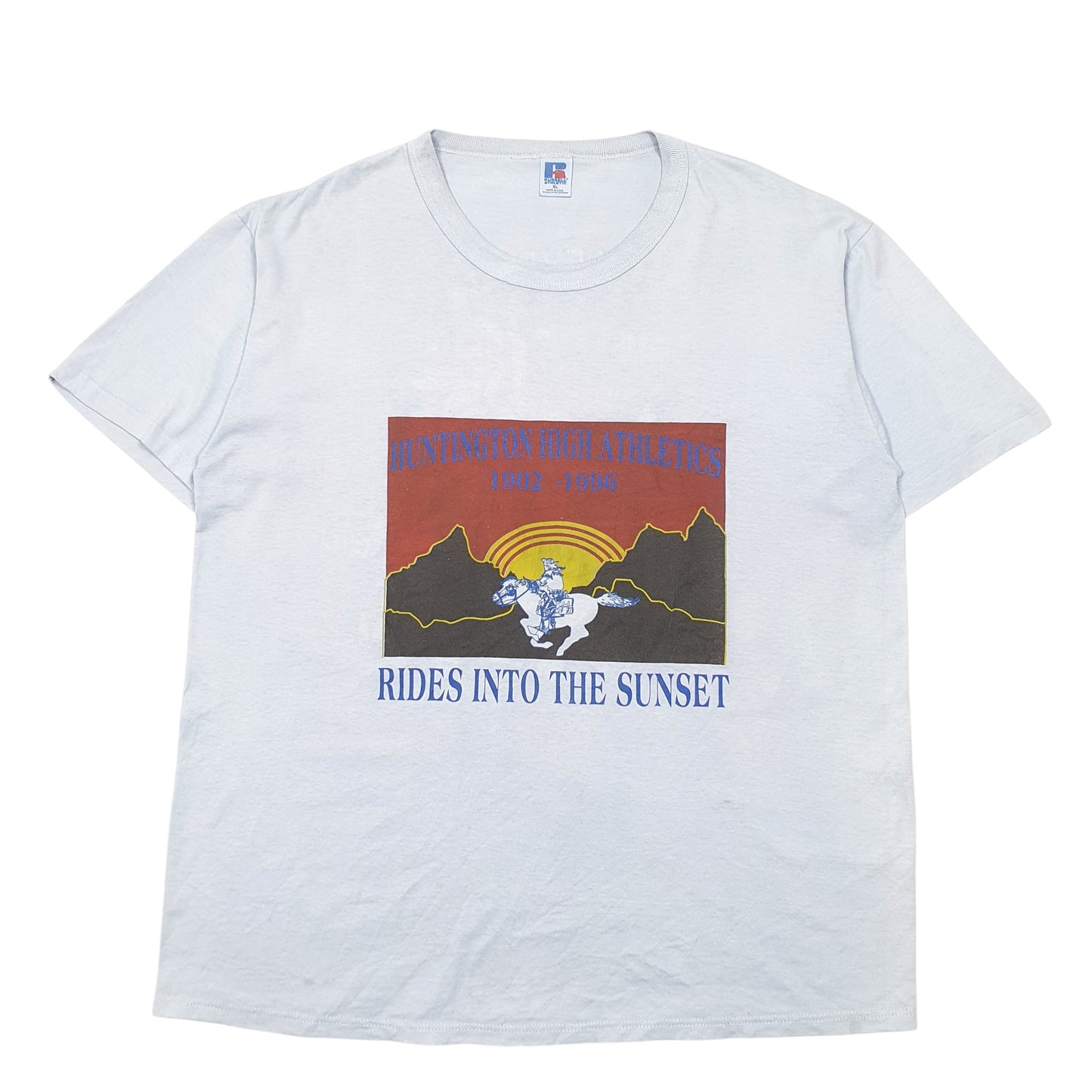 Mens Blue Russell Athletic Single Stitch Vintage 90s Made In USA Huntington High Athletics Short Sleeve T Shirt