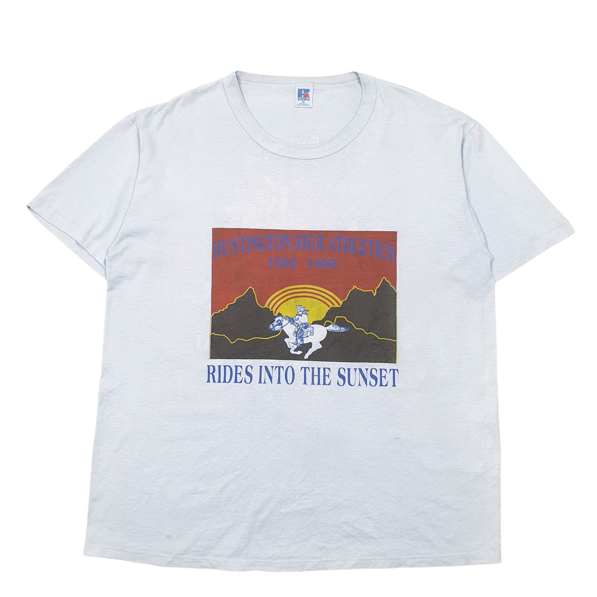 Mens Blue Russell Athletic Single Stitch Vintage 90s Made In USA Huntington High Athletics Short Sleeve T Shirt