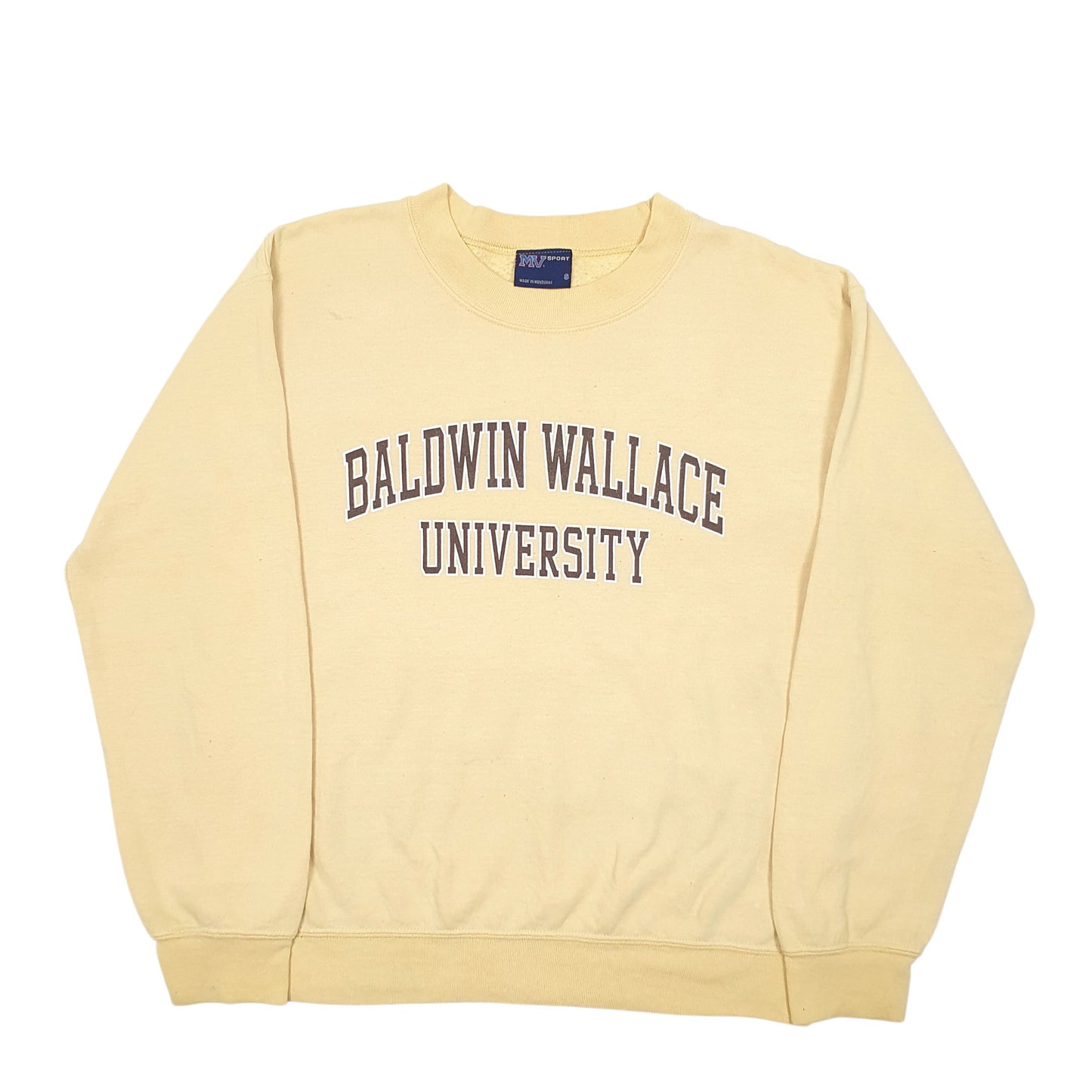 Mens Yellow MV Sport Baldwin Wallace University USA Spellout Crewneck Jumper