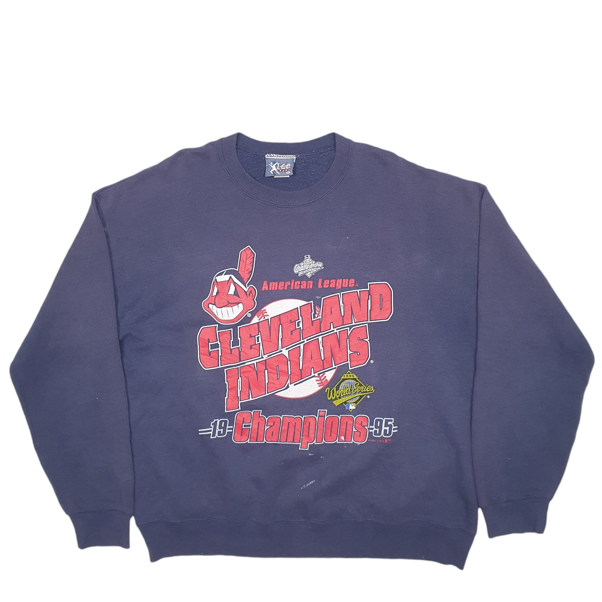 Mens Navy Lee Made In USA Indians 1995 Champions Baseball Vintage 1990s Crewneck Jumper