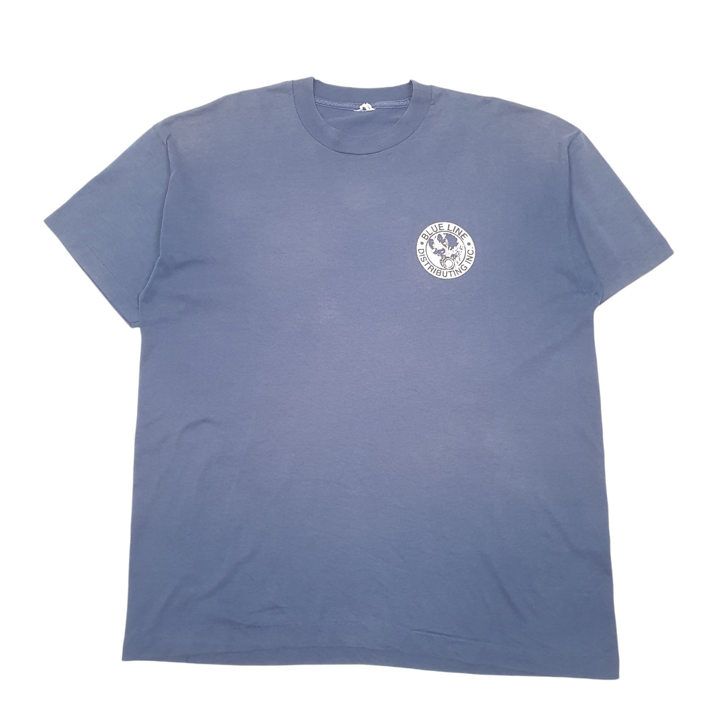 Mens Navy Unbranded Single Stitch Vintage 90s Blue Line Distributing Short Sleeve T Shirt