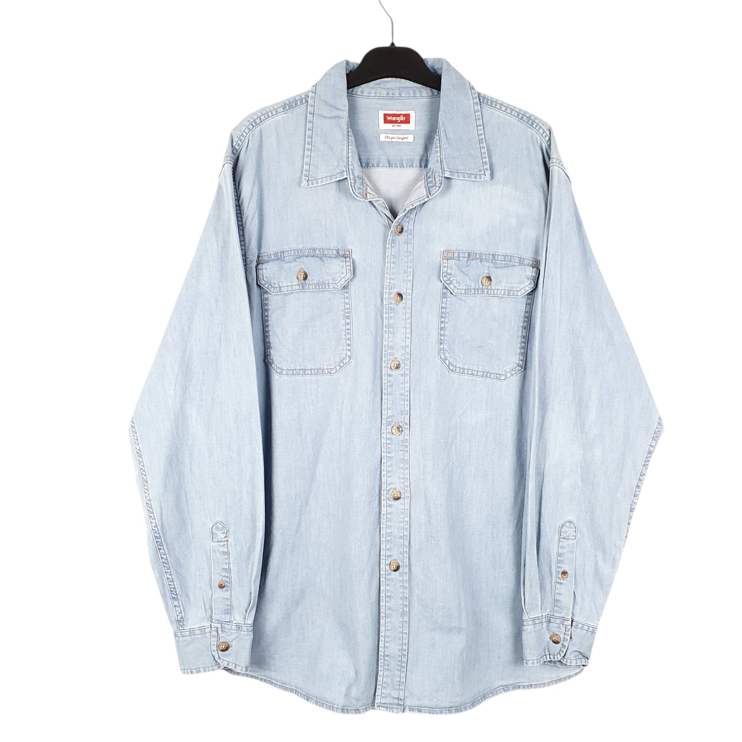 Mens Blue Wrangler Denim Jeans Chambray Work Long Sleeve Shirt