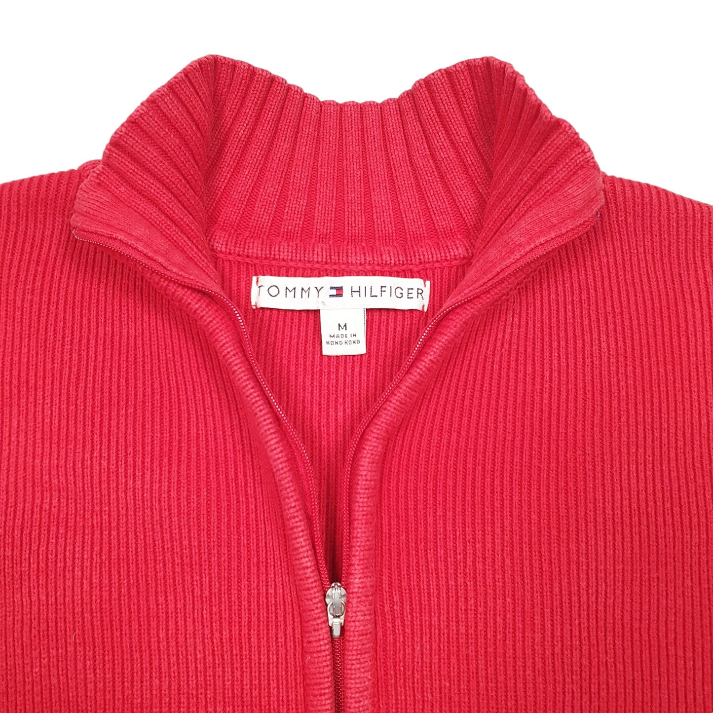 Womens Red Tommy Hilfiger Knit Ribbed Cardigan Top Full Zip Jumper