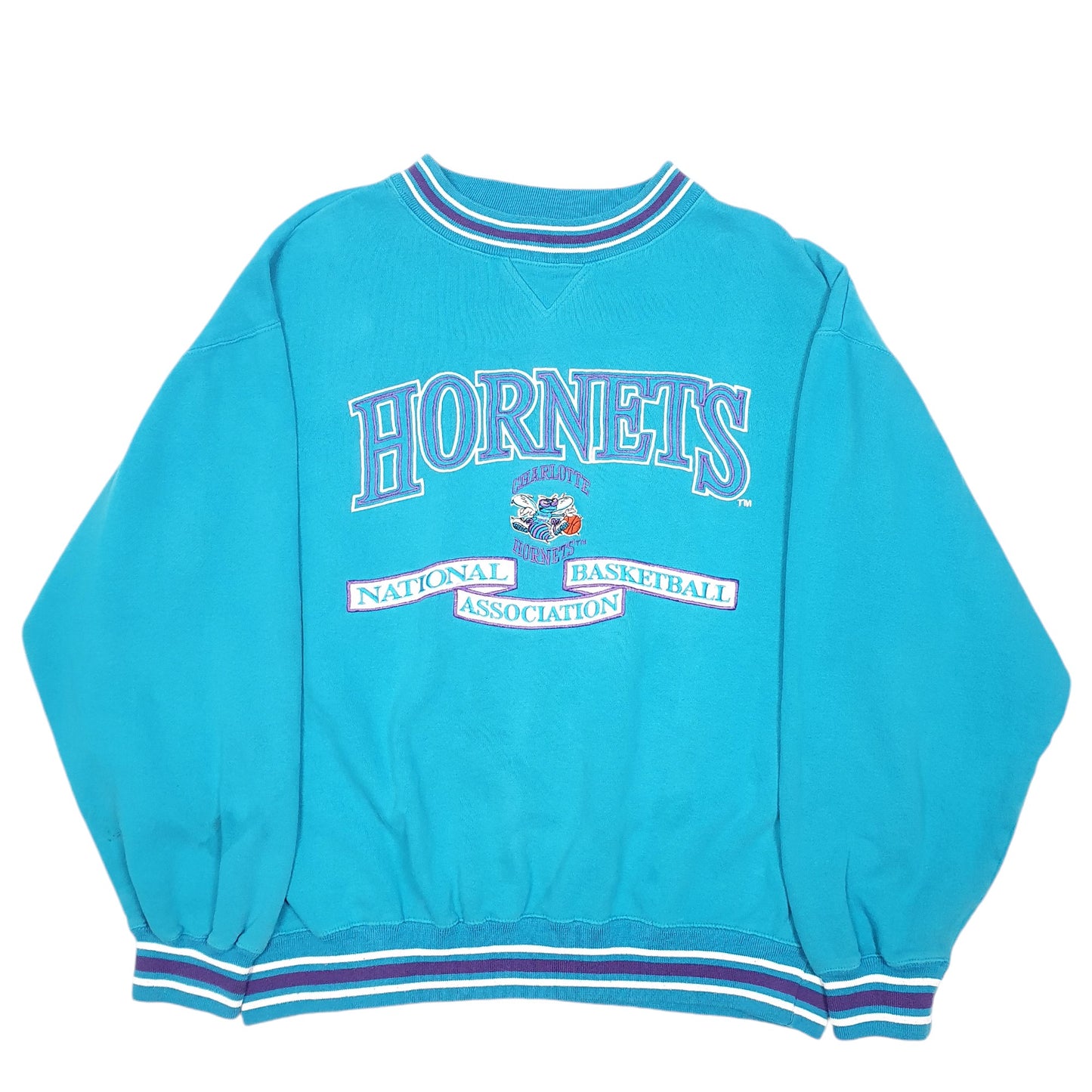 Mens Turquoise Logo Athletic Vintage NBA Charlotte Hornets Spellout 90s Basketball Crewneck Jumper