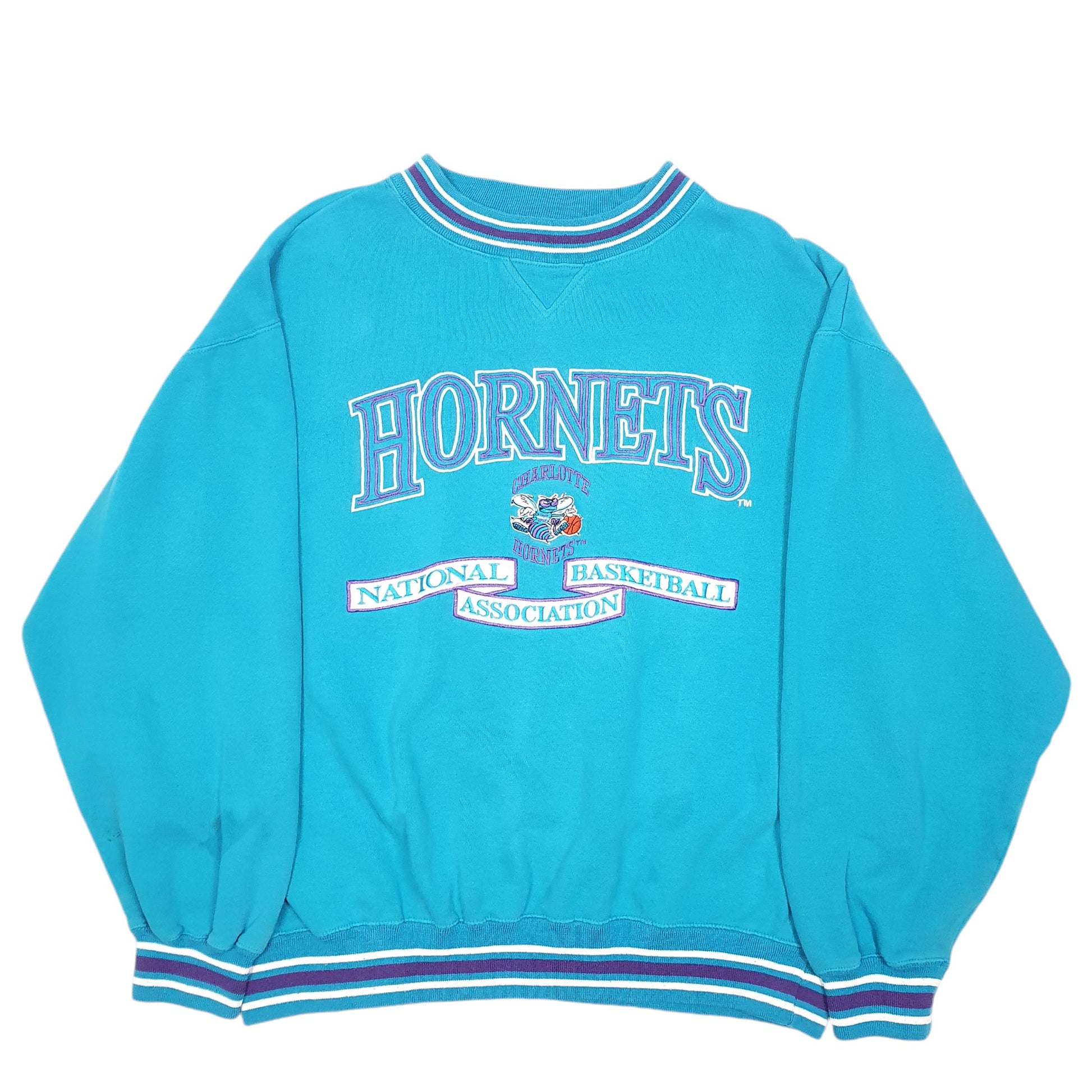 Mens Turquoise Logo Athletic Vintage NBA Charlotte Hornets Spellout 90s Basketball Crewneck Jumper