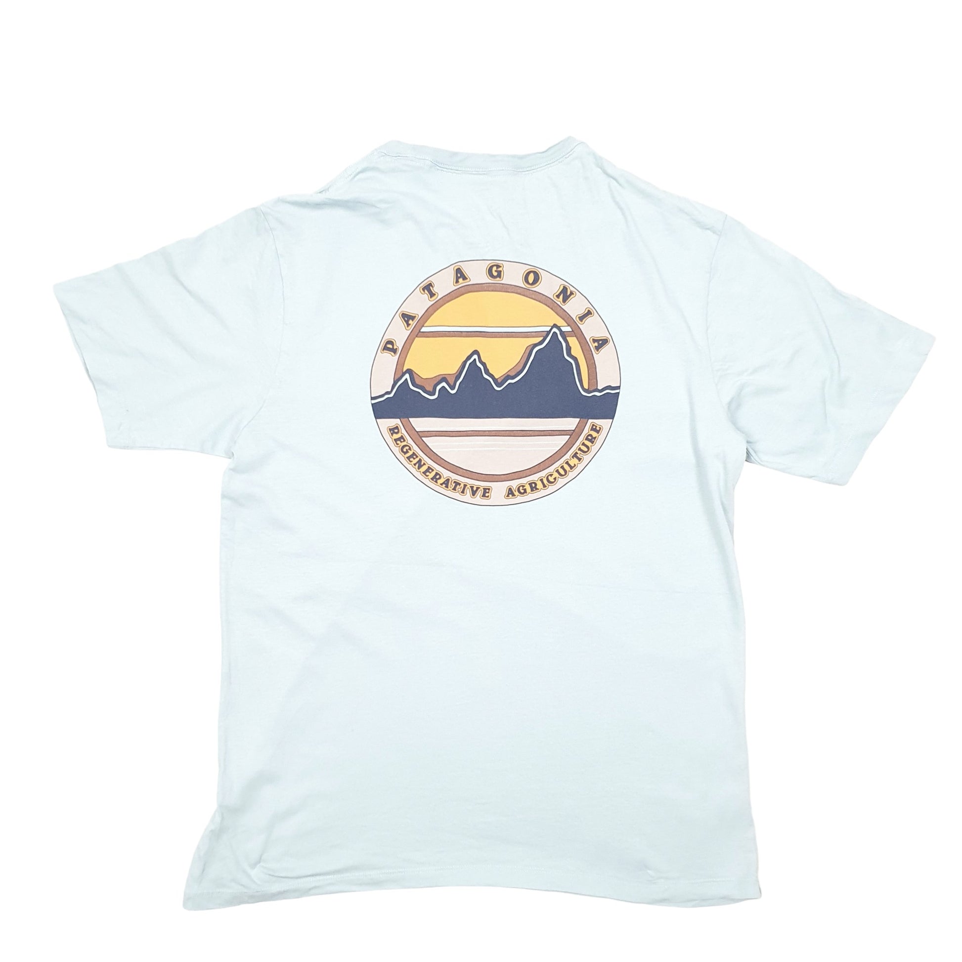 Mens Blue Patagonia Pocket Regenerative Agriculture Spellout Short Sleeve T Shirt