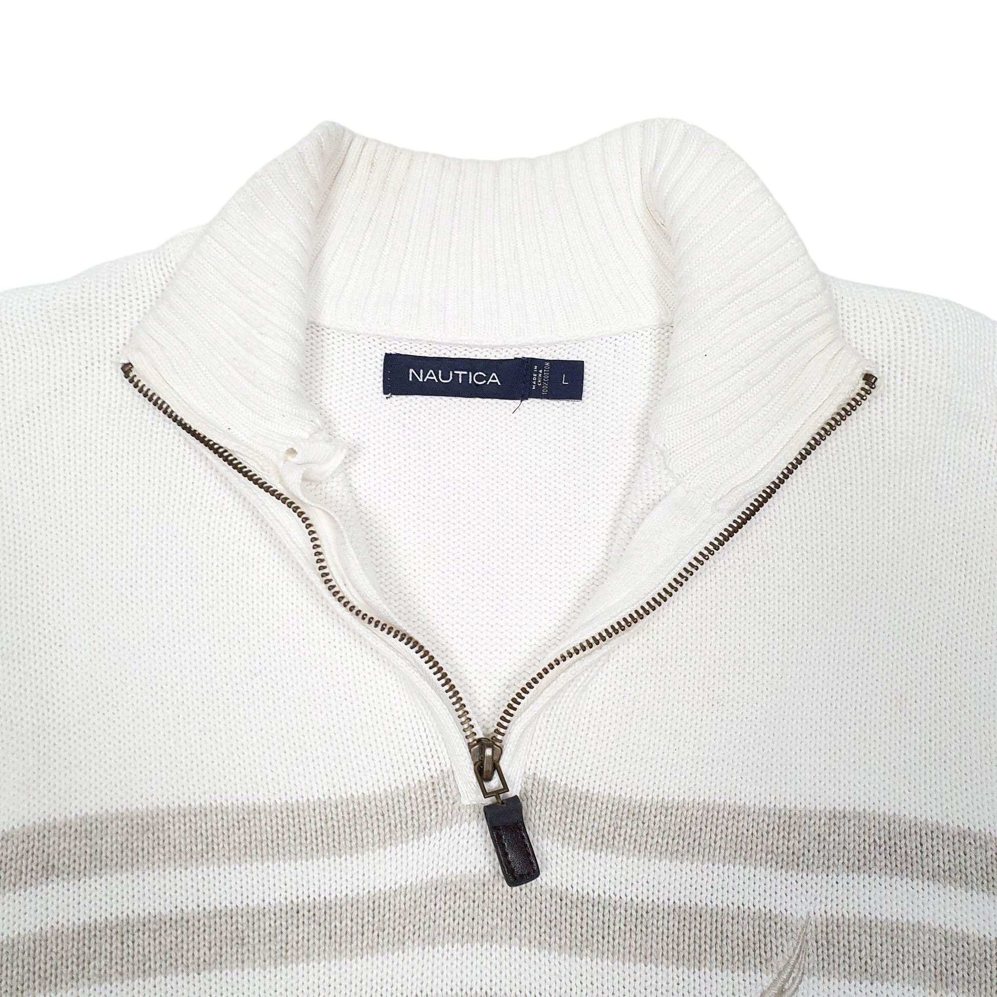 Mens Cream Nautica Knit Striped Quarter Zip Jumper