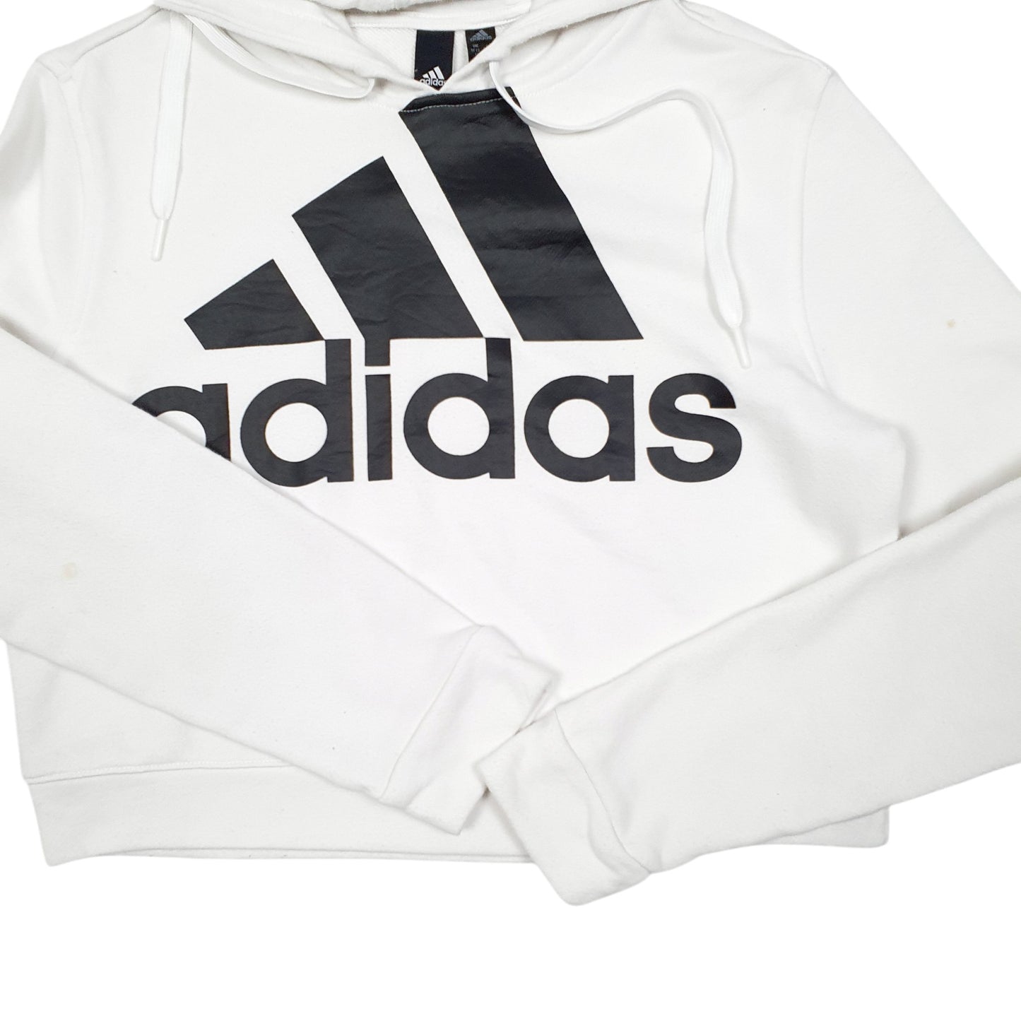 Womens White Adidas Cropped Short Spellout Gym Workout Hoodie Jumper