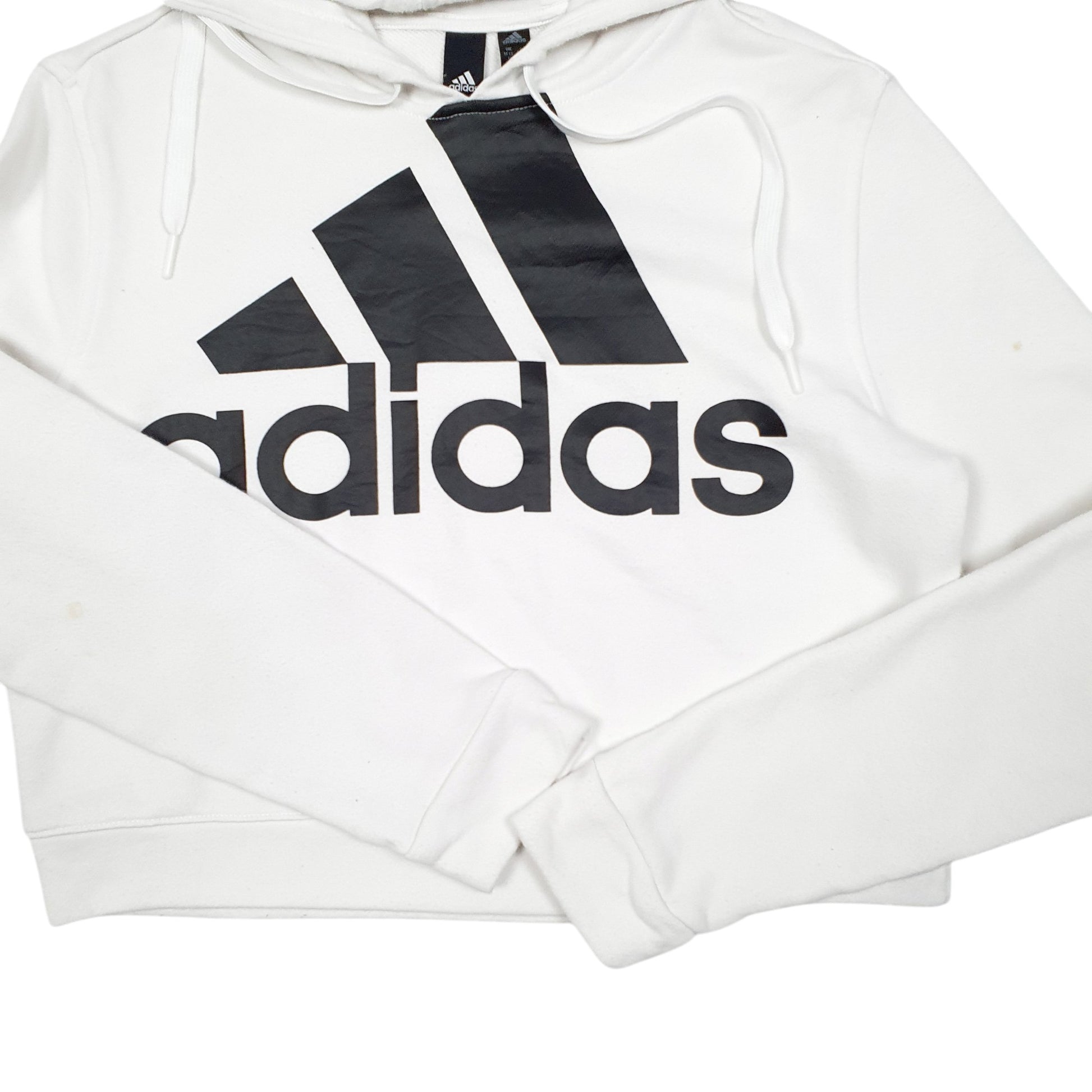 Womens White Adidas Cropped Short Spellout Gym Workout Hoodie Jumper