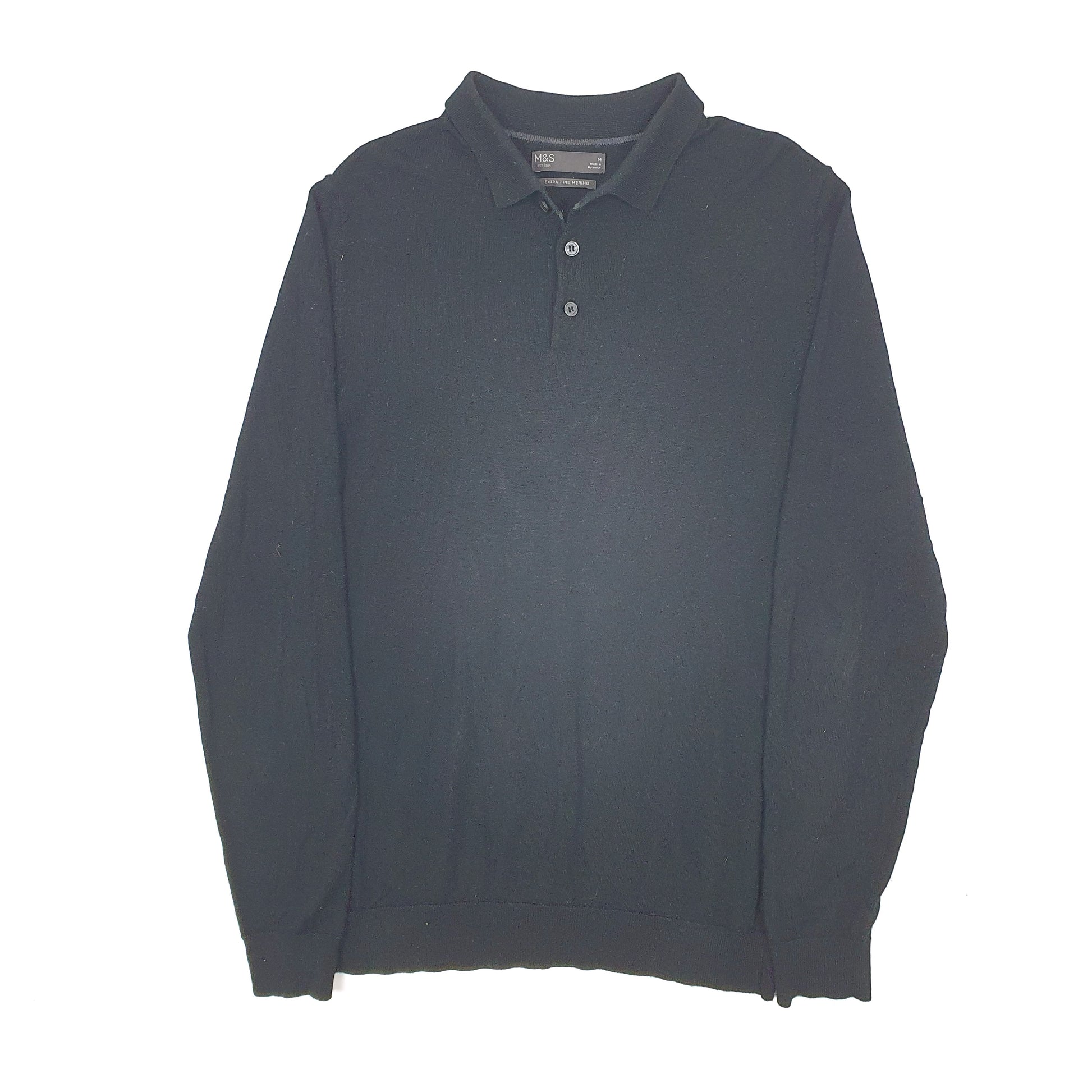 Mens Black M&S  Long Sleeve Polo Shirt