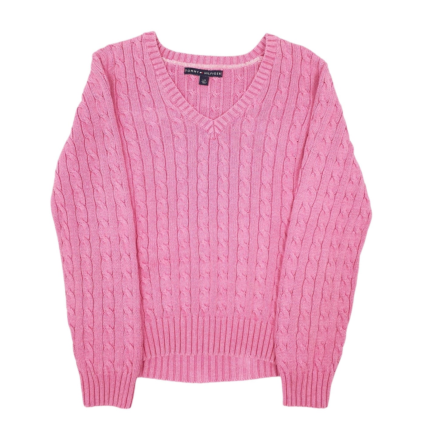Mens Pink Tommy Hilfiger Cable Knitwear V Neck Jumper