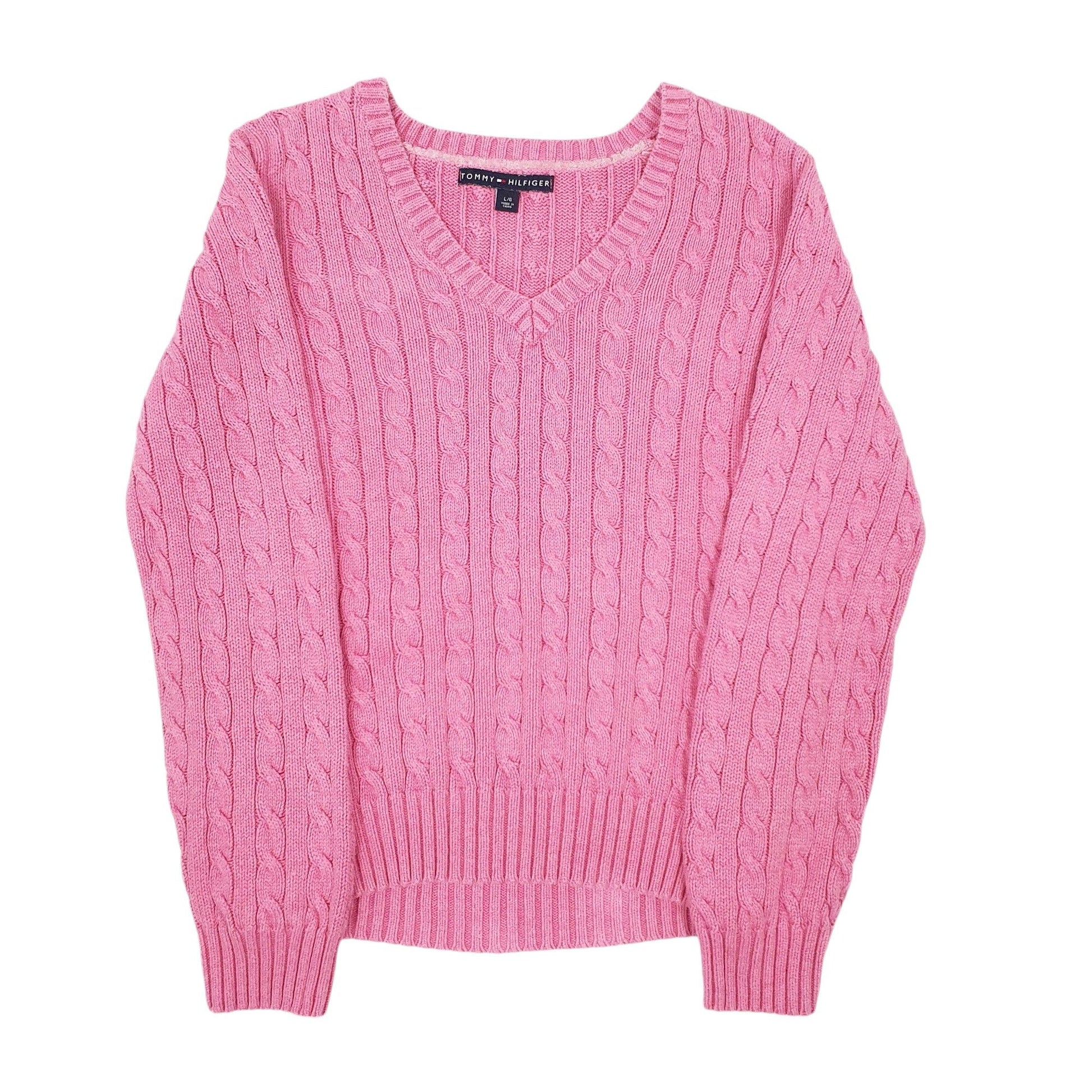 Mens Pink Tommy Hilfiger Cable Knitwear V Neck Jumper