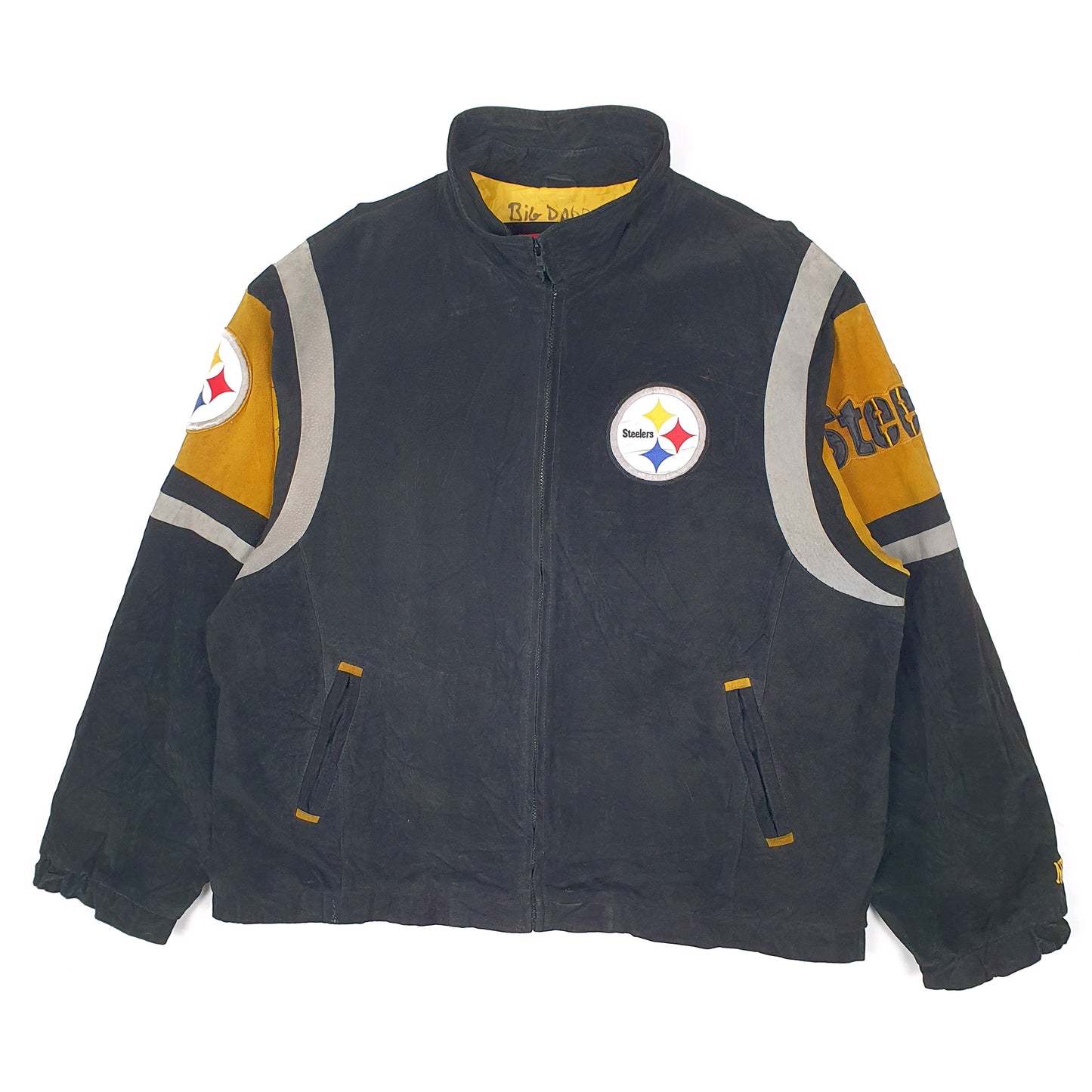 Mens Black NFL Pittsburgh Steelers Football Suede Leather  Coat