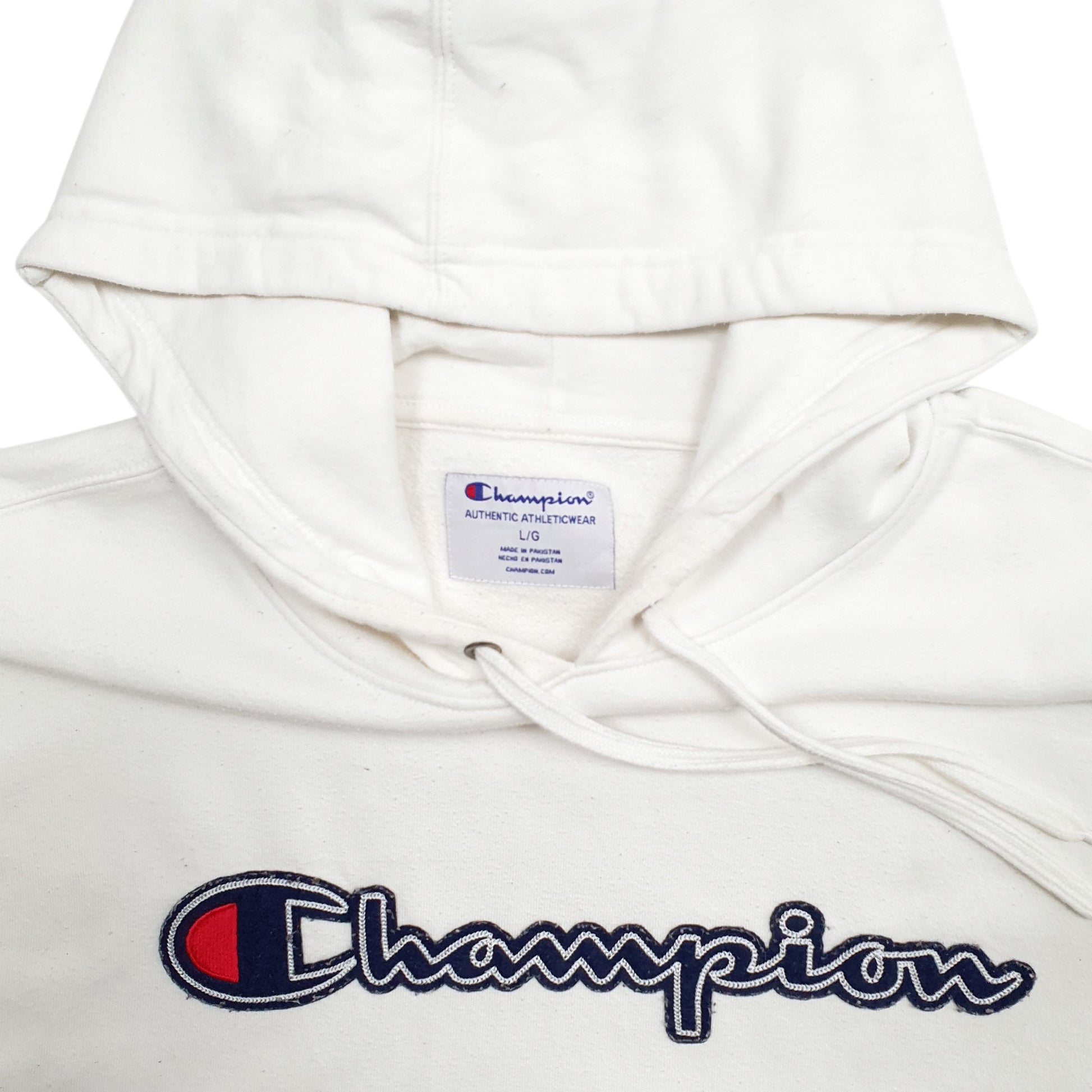 Mens White Champion Spellout Hoodie Jumper
