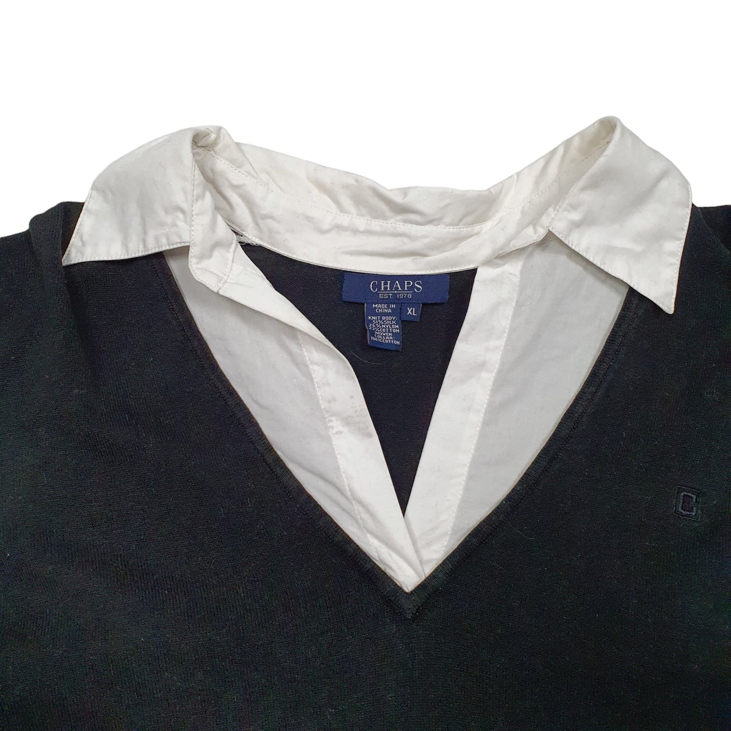 Womens Black Chaps Knit Collared V Neck Jumper