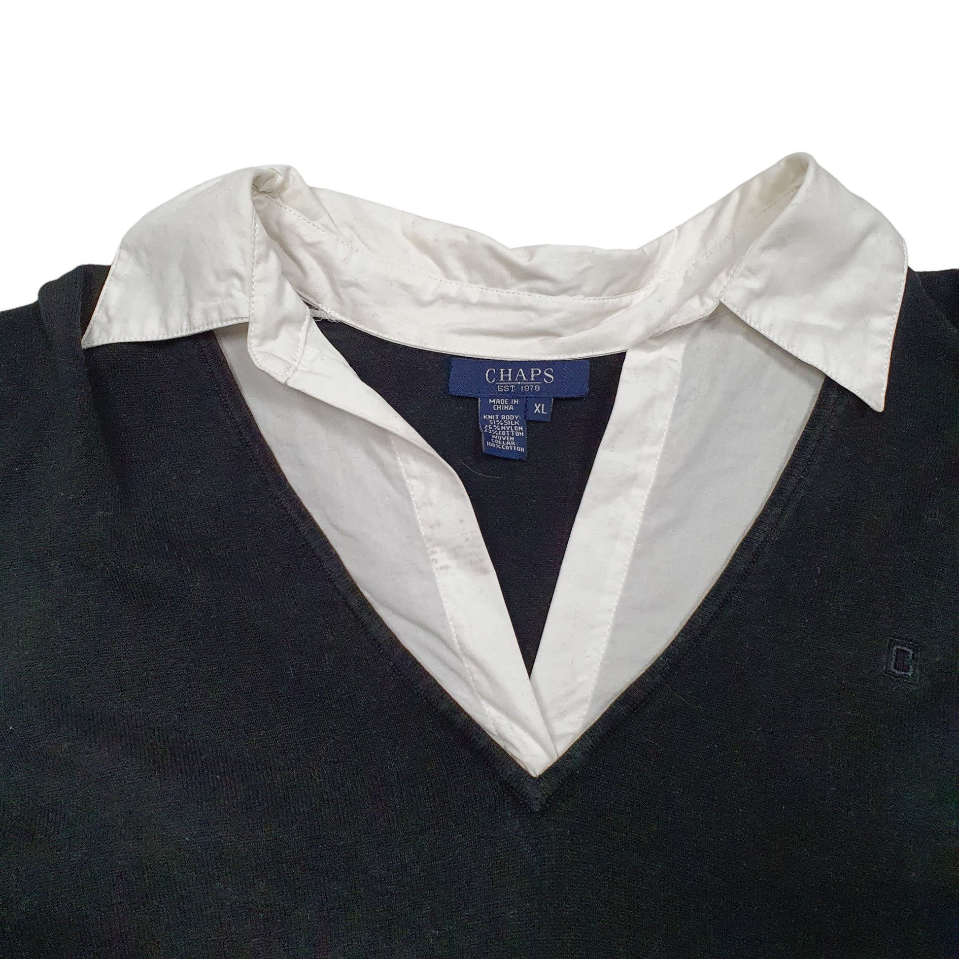 Womens Black Chaps Knit Collared V Neck Jumper