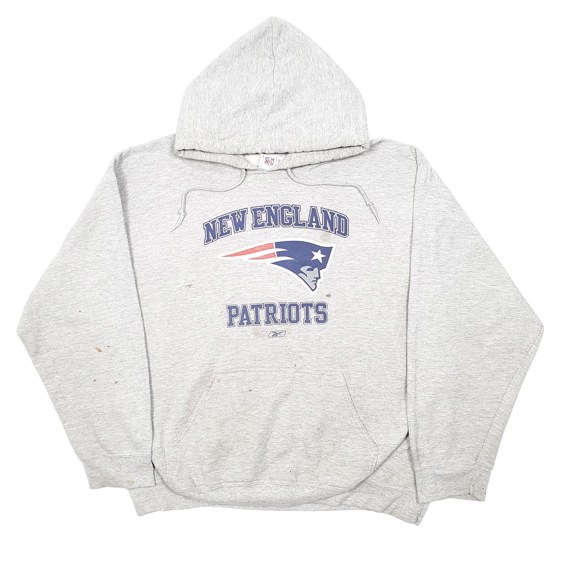 Mens Grey Reebok New England Patriots NFL Football USA Spellout Hoodie Jumper