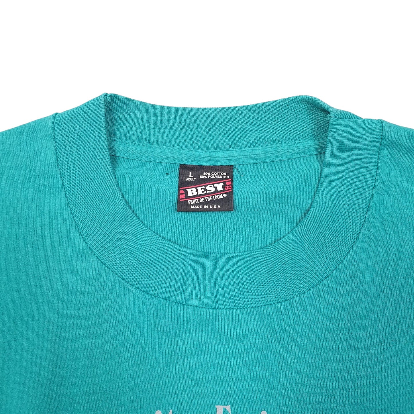 Mens Green Fruit Of The Loom Single Stitch Vintage 90s Made In USA Trinity walk Short Sleeve T Shirt