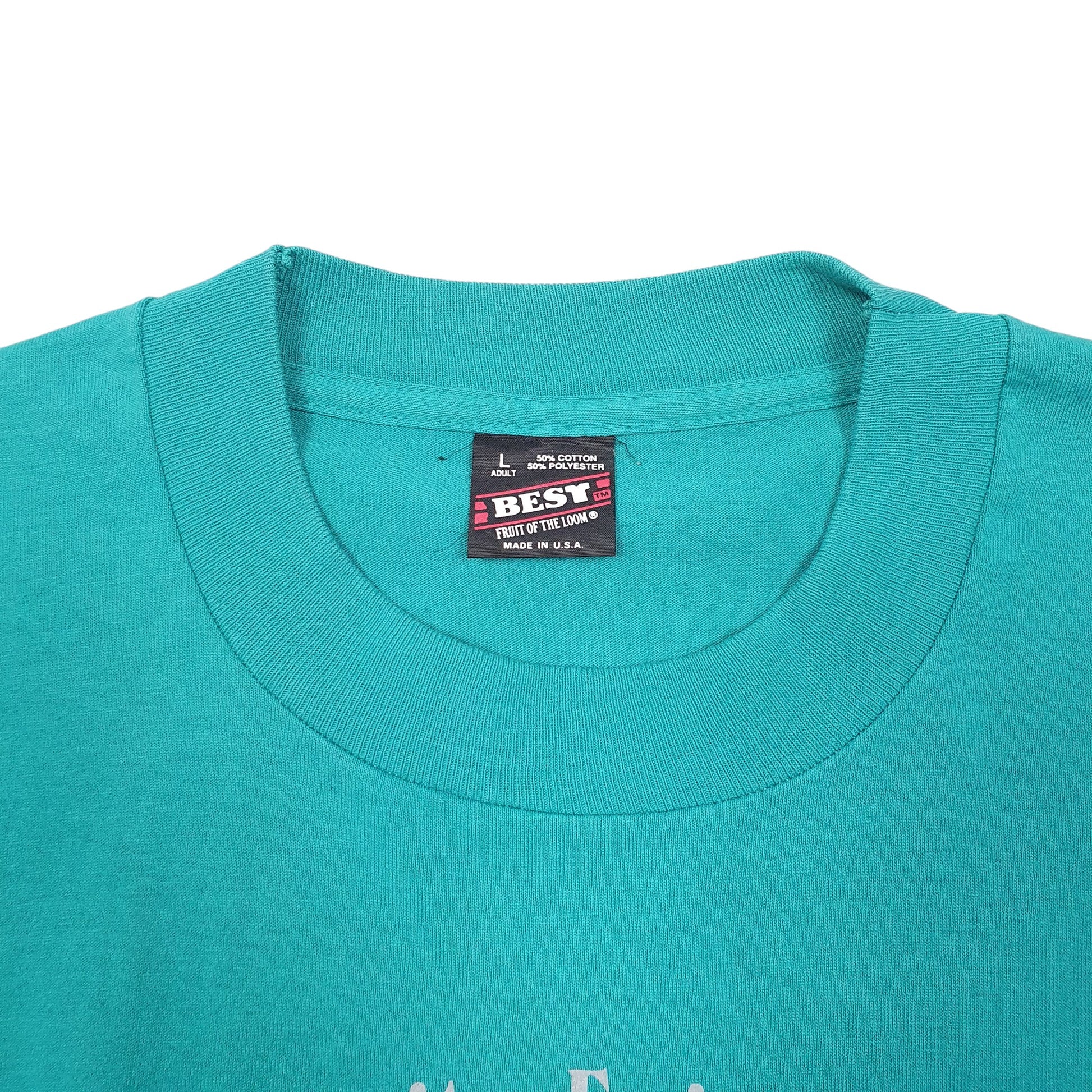 Mens Green Fruit Of The Loom Single Stitch Vintage 90s Made In USA Trinity walk Short Sleeve T Shirt