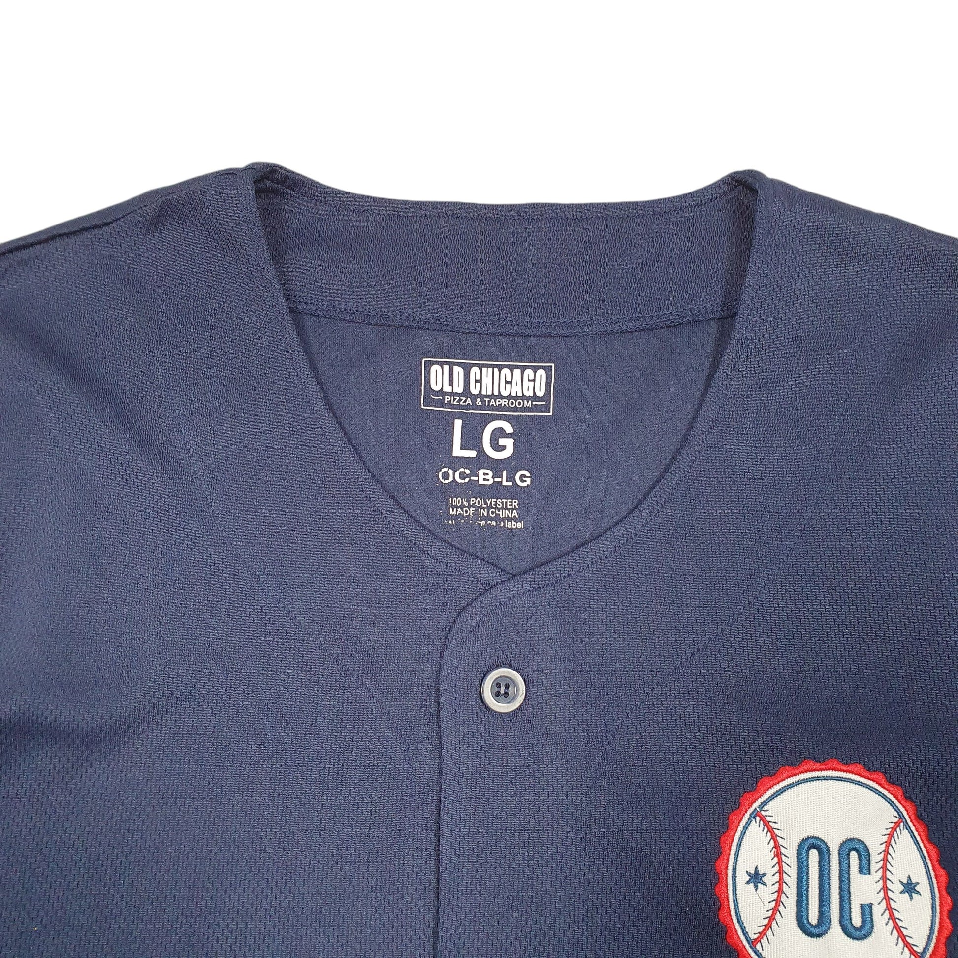 Mens Navy Old Chicago Pizza & Taproom Baseball Jersey USA World Beer Tour Short Sleeve T Shirt