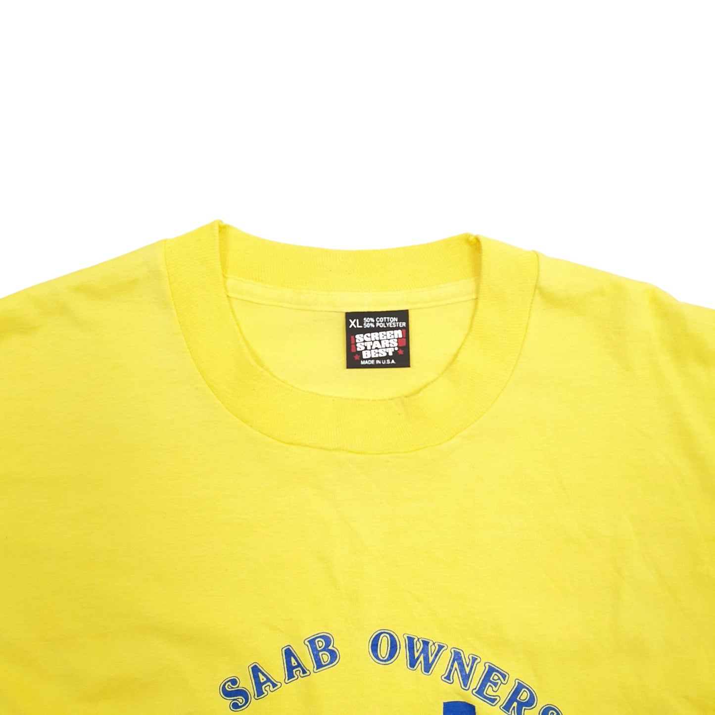 Mens Yellow Fruit Of The Loom Single Stitch Vintage 90s Made In USA Saab Cars Ohio Short Sleeve T Shirt