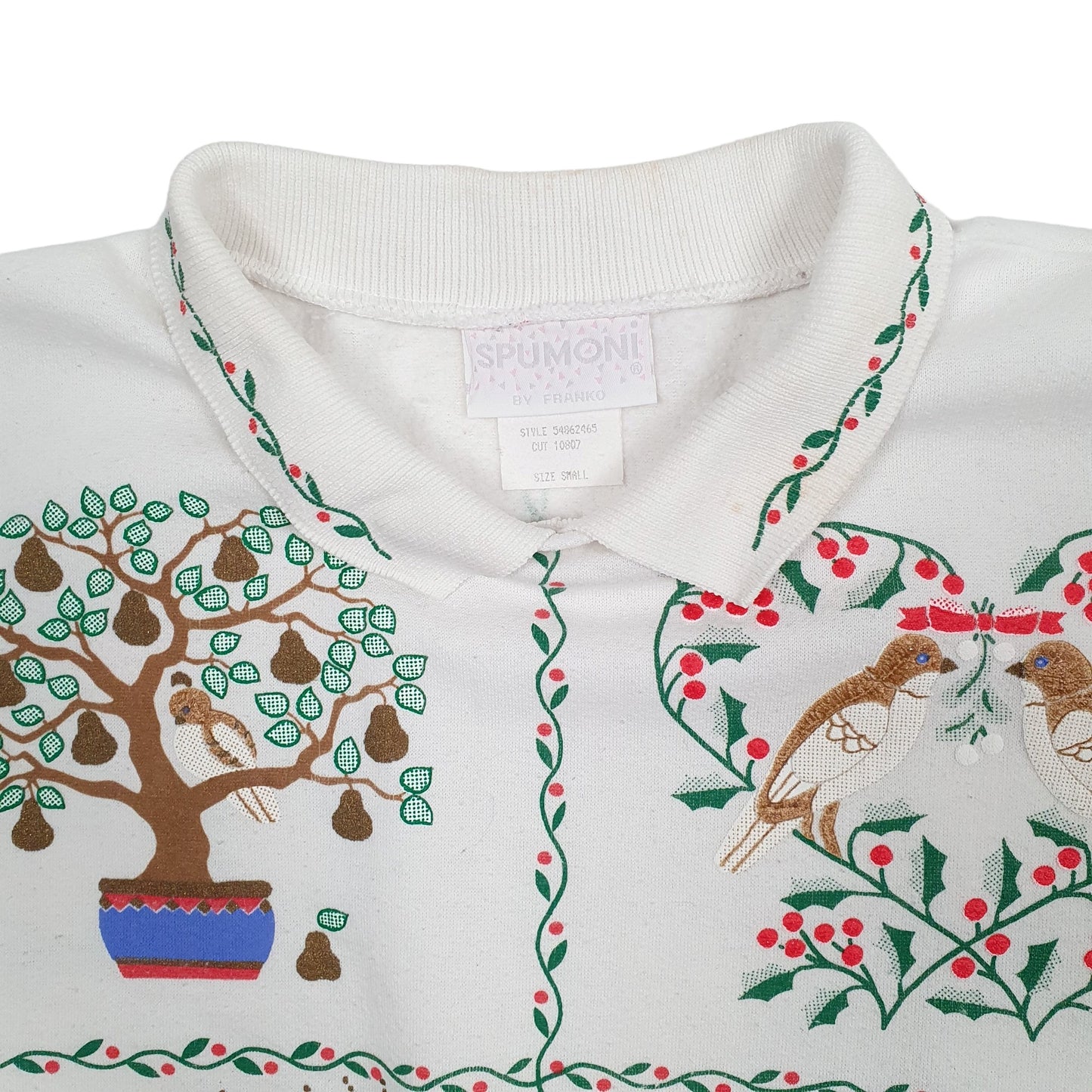 Womens White Spumoni by Franko Vintage 1980s Made In USA Christmas Xmas Crewneck Jumper